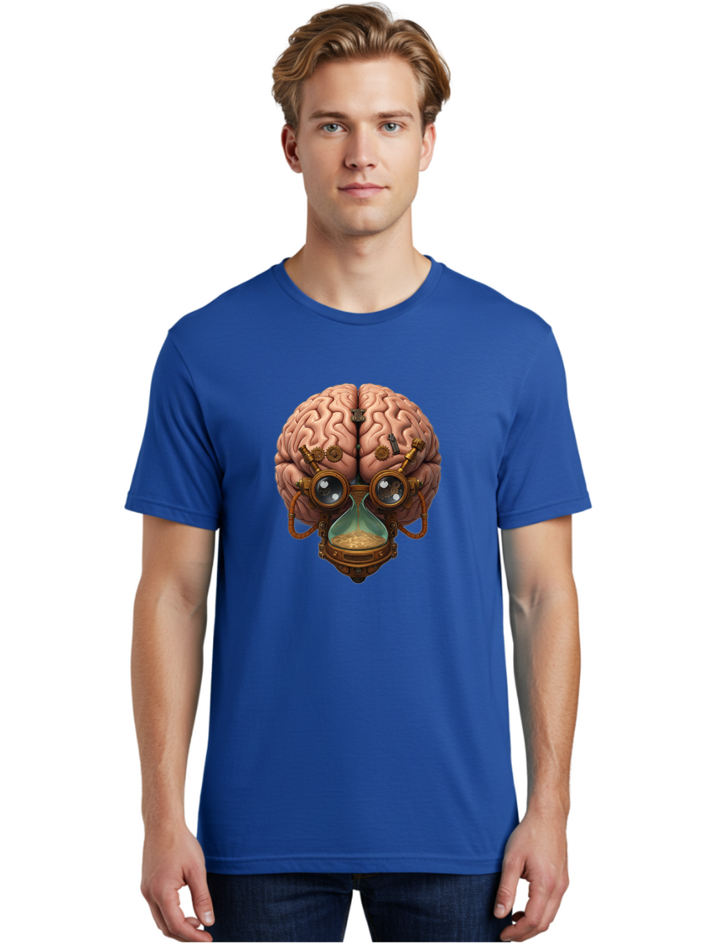Steampunk-Brain Men'S Graphic Tee, 100% Cotton, Comfortable Casual Summer Wear, Machine Washable, Steampunk-Inspired Art, Brain With Goggles, Hourglass, Gears, Cogs, Industrial Design, Futuristic Innovation, Surrealism, Creative Imagination, Bab461