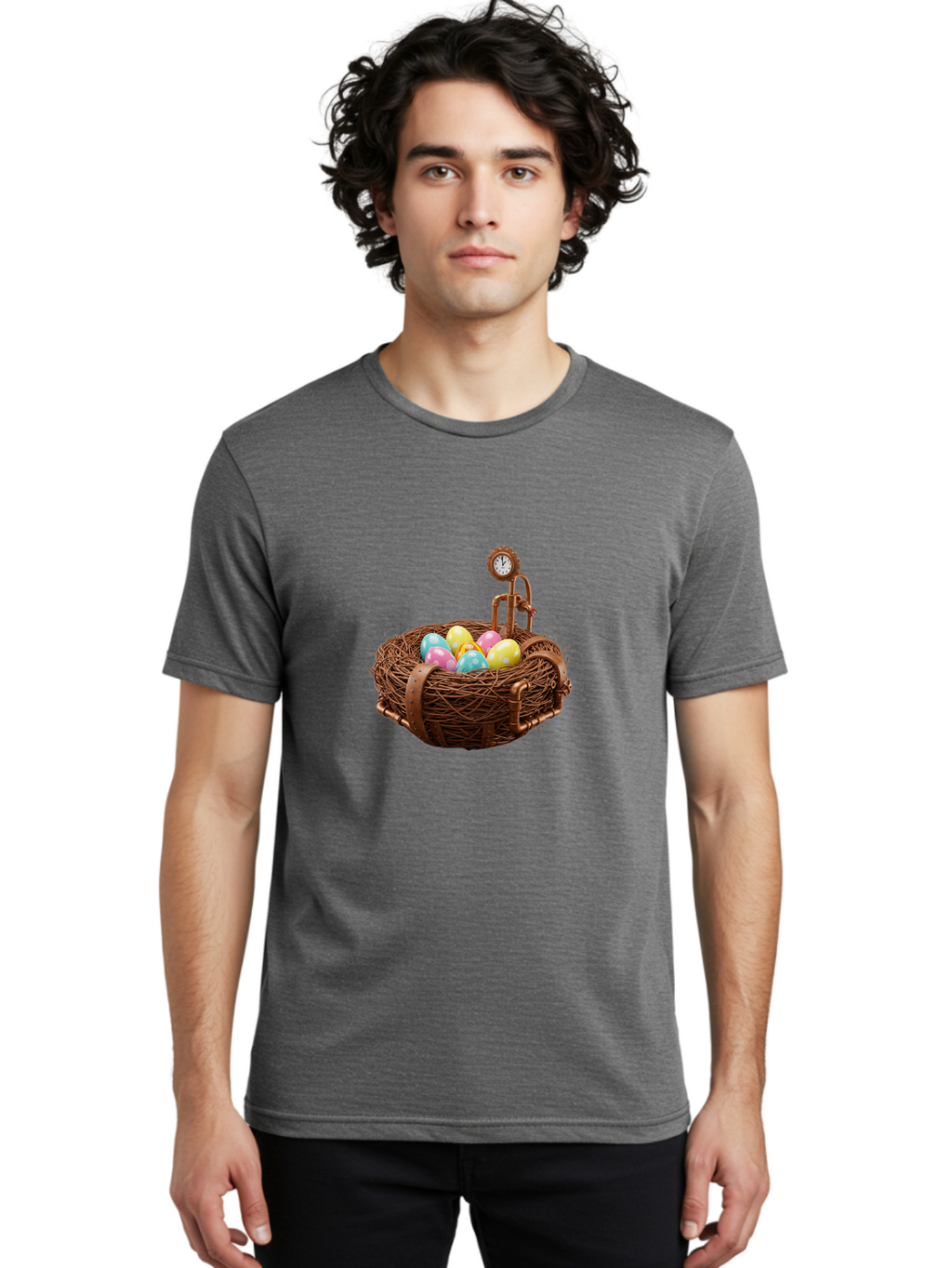 Steampunk-Nest Men'S Graphic Tee, 100% Cotton, Comfortable Casual Summer Wear, Machine Washable, Steampunk Nest, Copper Clock, Pastel Eggs, Vintage Timepiece, Industrial Eggs, Unique Clockwork, Quirky Art Bab462