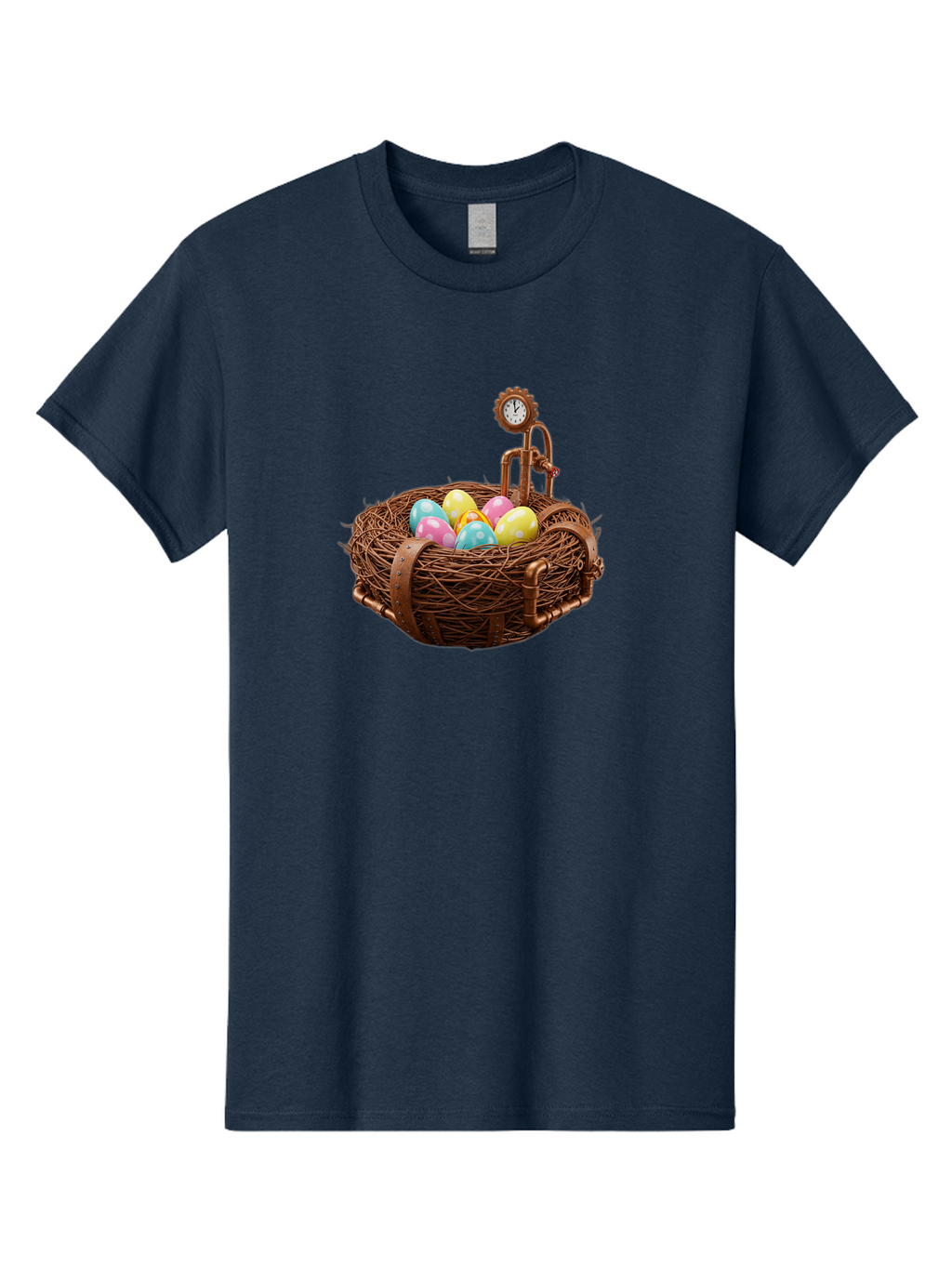 Steampunk-Nest Men'S Graphic Tee, 100% Cotton, Comfortable Casual Summer Wear, Machine Washable, Steampunk Nest, Copper Clock, Pastel Eggs, Vintage Timepiece, Industrial Eggs, Unique Clockwork, Quirky Art Bab462