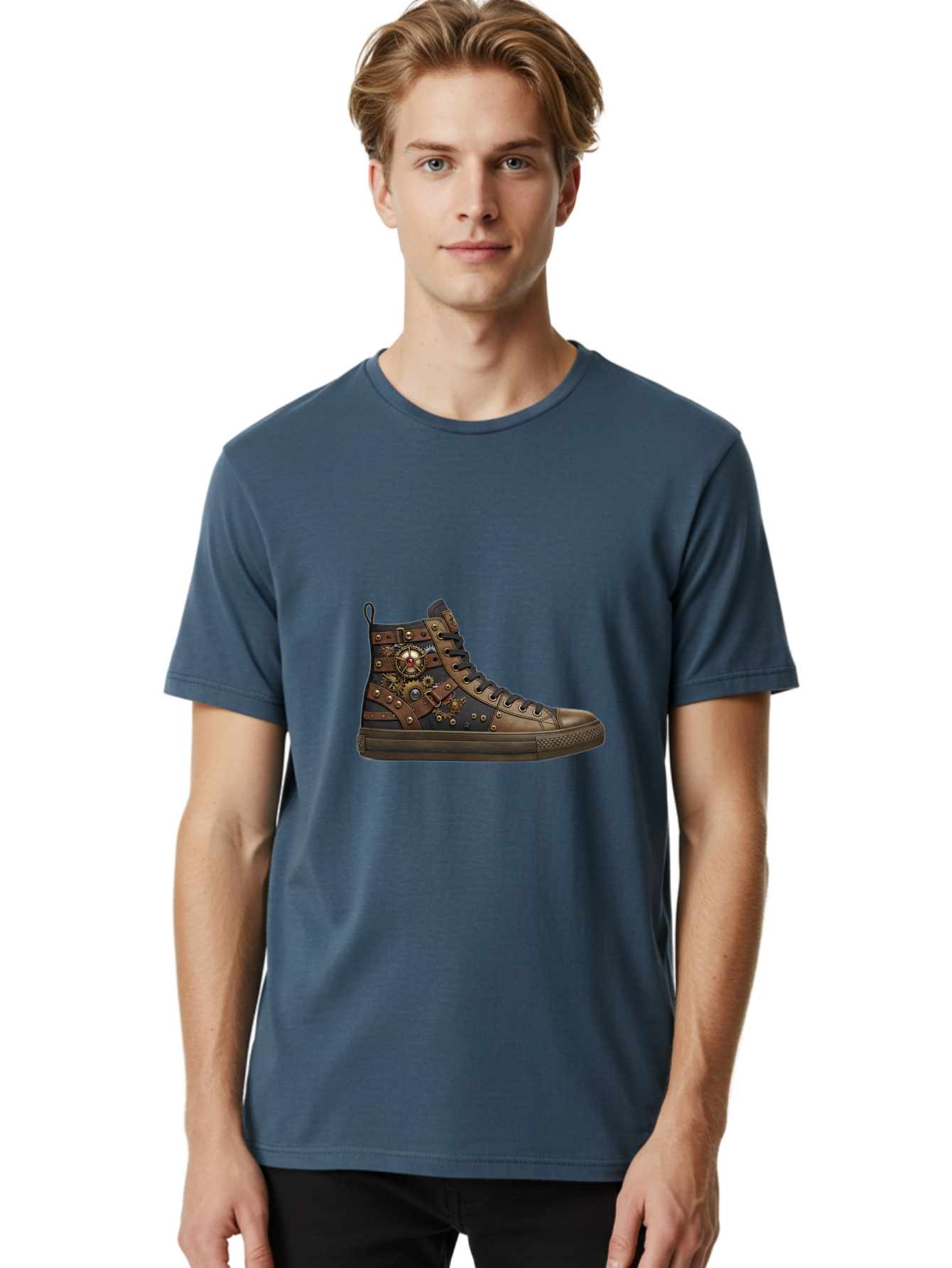 Steampunk-Sneaker Men'S Graphic Tee, 100% Cotton, Comfortable Casual Summer Wear, Machine Washable, Steampunk Fashion, High-Top Sneaker, Leather Accents, Industrial Design, Gear Details, Metal Rivets, Bold Style, Edgy Look, Unique Footwear Bab463