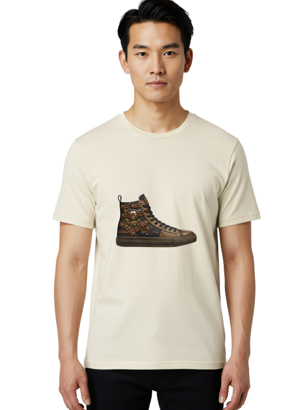 Steampunk-Sneaker Men'S Graphic Tee, 100% Cotton, Comfortable Casual Summer Wear, Machine Washable, Steampunk Fashion, High-Top Sneaker, Leather Accents, Industrial Design, Gear Details, Metal Rivets, Bold Style, Edgy Look, Unique Footwear Bab463