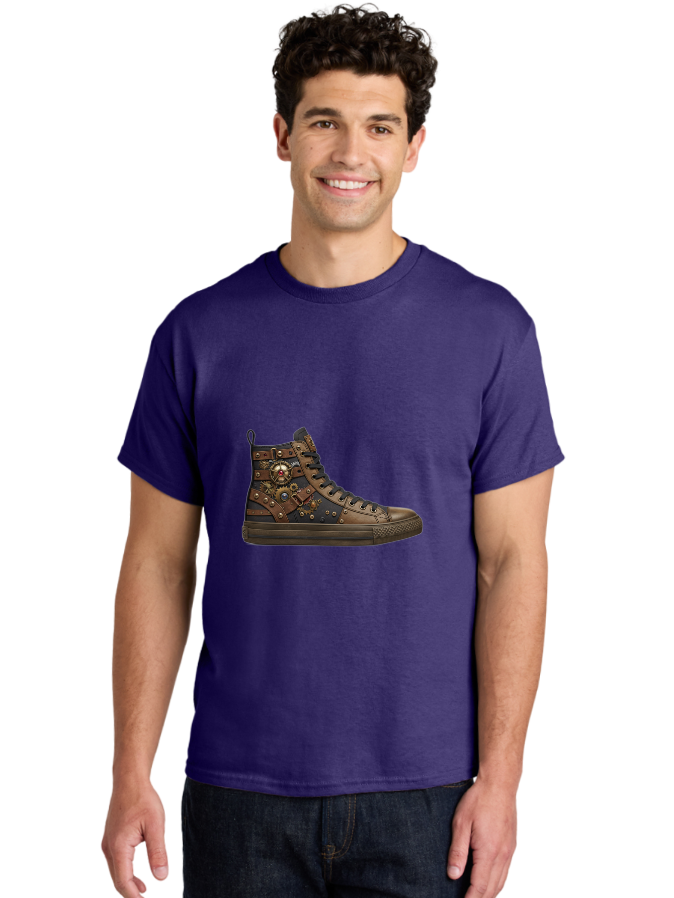 Steampunk-Sneaker Men'S Graphic Tee, 100% Cotton, Comfortable Casual Summer Wear, Machine Washable, Steampunk Fashion, High-Top Sneaker, Leather Accents, Industrial Design, Gear Details, Metal Rivets, Bold Style, Edgy Look, Unique Footwear Bab463