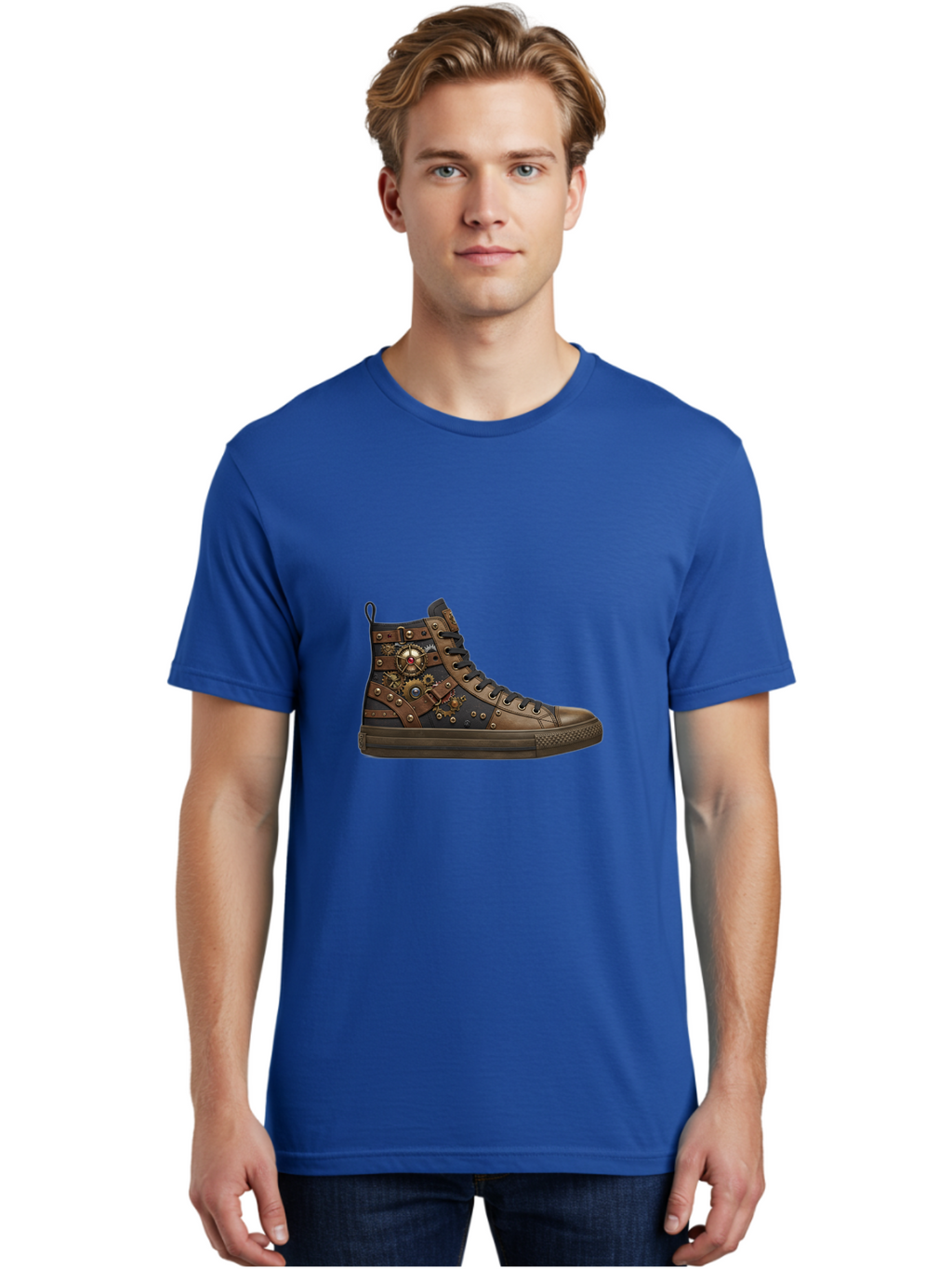 Steampunk-Sneaker Men'S Graphic Tee, 100% Cotton, Comfortable Casual Summer Wear, Machine Washable, Steampunk Fashion, High-Top Sneaker, Leather Accents, Industrial Design, Gear Details, Metal Rivets, Bold Style, Edgy Look, Unique Footwear Bab463