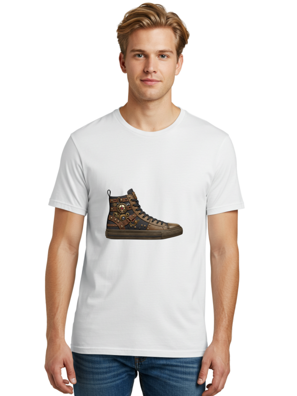 Steampunk-Sneaker Men'S Graphic Tee, 100% Cotton, Comfortable Casual Summer Wear, Machine Washable, Steampunk Fashion, High-Top Sneaker, Leather Accents, Industrial Design, Gear Details, Metal Rivets, Bold Style, Edgy Look, Unique Footwear Bab463