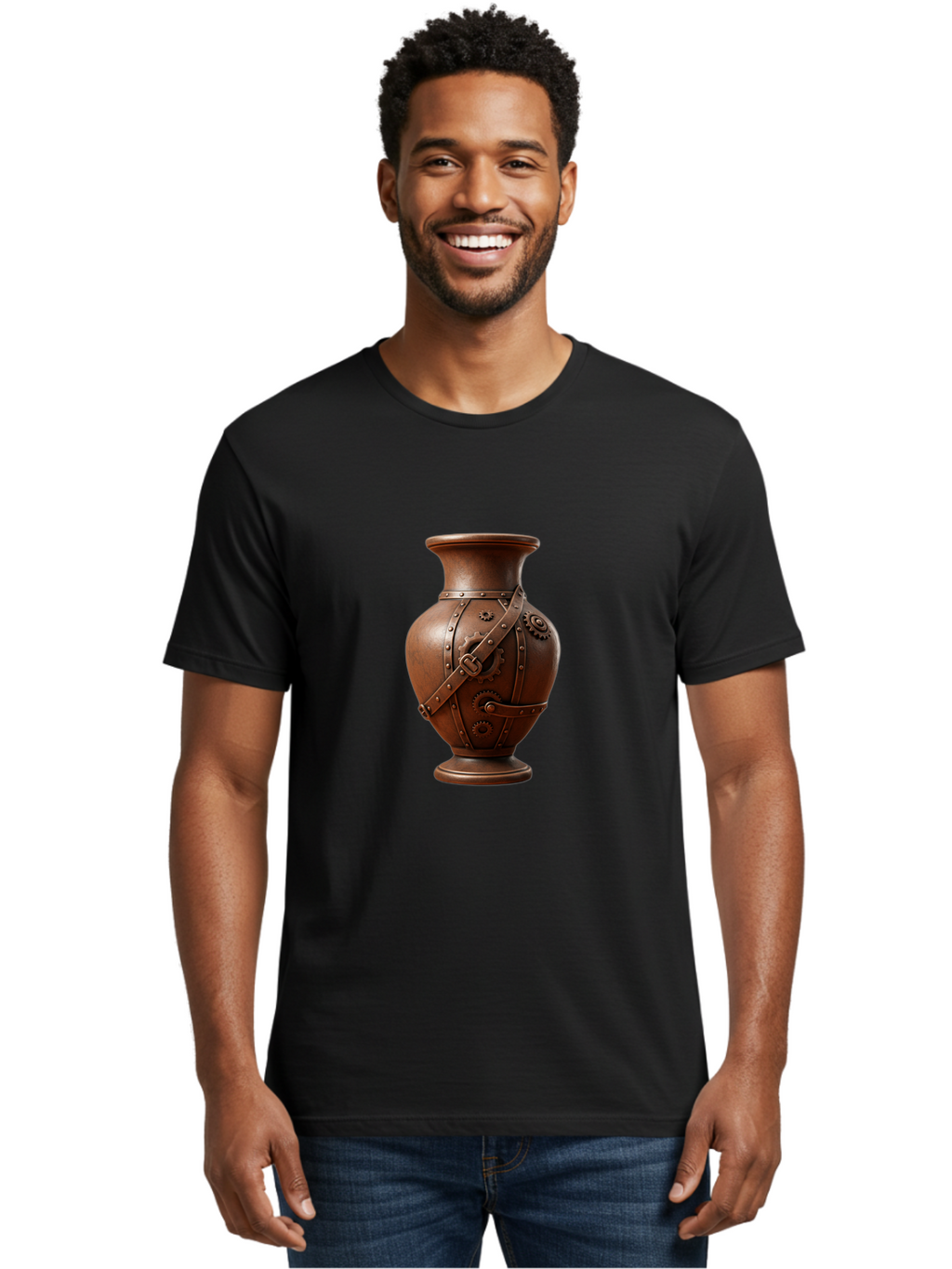 Steampunk-Vase Men'S Graphic Tee, 100% Cotton, Comfortable Casual Summer Wear, Machine Washable, Steampunk Style Vase, Antique Bronze Finish, Metallic Straps, Gear Mechanisms, Industrial Chic, Vintage Decor, Unique Art Piece, Bab464
