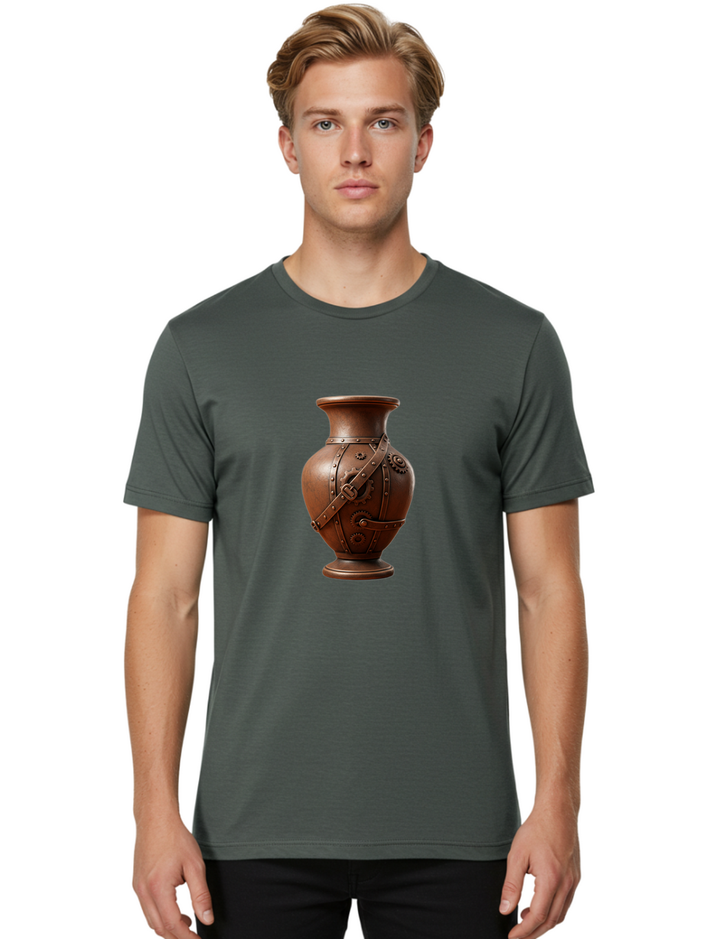 Steampunk-Vase Men'S Graphic Tee, 100% Cotton, Comfortable Casual Summer Wear, Machine Washable, Steampunk Style Vase, Antique Bronze Finish, Metallic Straps, Gear Mechanisms, Industrial Chic, Vintage Decor, Unique Art Piece, Bab464