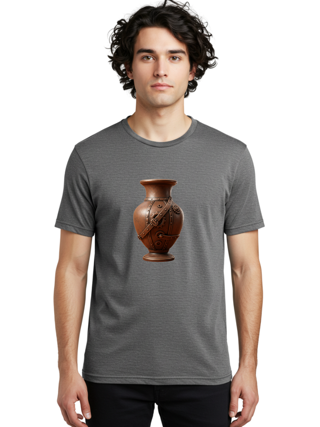 Steampunk-Vase Men'S Graphic Tee, 100% Cotton, Comfortable Casual Summer Wear, Machine Washable, Steampunk Style Vase, Antique Bronze Finish, Metallic Straps, Gear Mechanisms, Industrial Chic, Vintage Decor, Unique Art Piece, Bab464