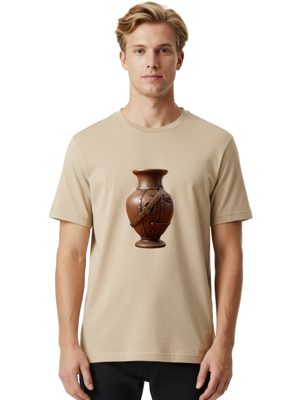Steampunk-Vase Men'S Graphic Tee, 100% Cotton, Comfortable Casual Summer Wear, Machine Washable, Steampunk Style Vase, Antique Bronze Finish, Metallic Straps, Gear Mechanisms, Industrial Chic, Vintage Decor, Unique Art Piece, Bab464