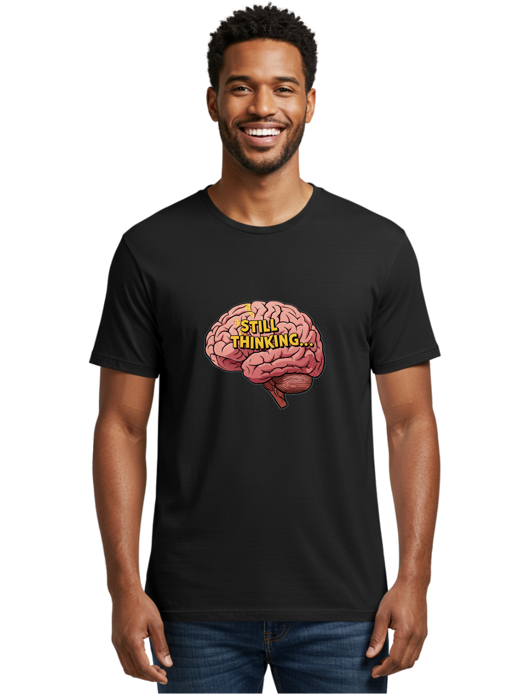 Still-Thinking-1 Men'S Graphic Tee, 100% Cotton, Comfortable Casual Summer Wear, Machine Washable, Human Brain, Thinking Process, Cognitive Function, Problem Solving, Mental Activity, Still Thinking, Cartoon Brain, Neuroscience, Bab465