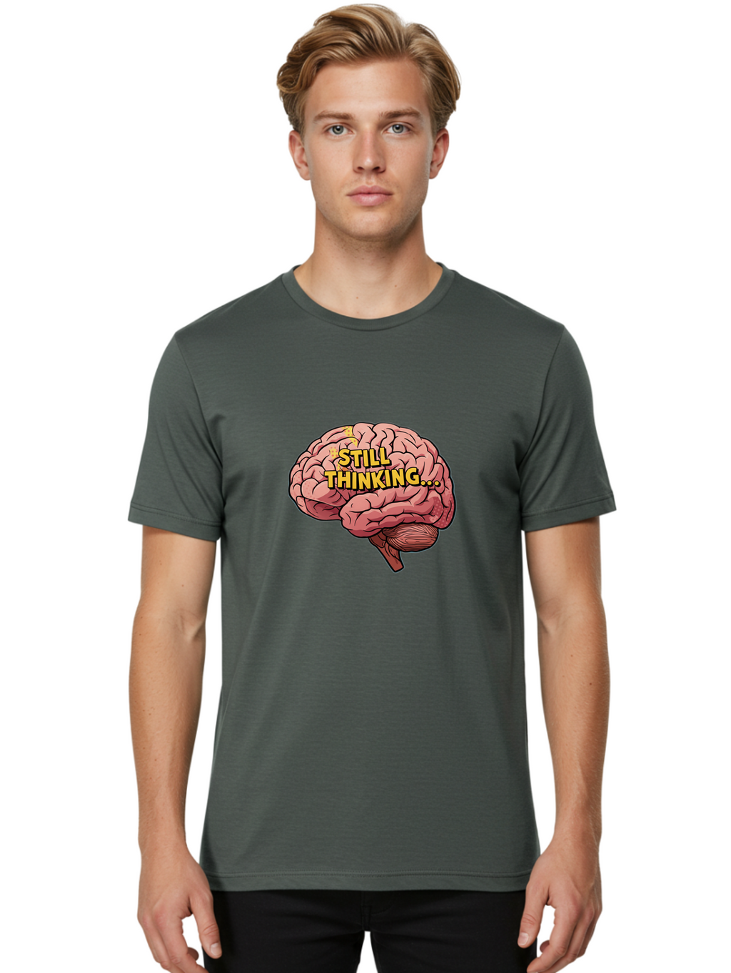 Still-Thinking-1 Men'S Graphic Tee, 100% Cotton, Comfortable Casual Summer Wear, Machine Washable, Human Brain, Thinking Process, Cognitive Function, Problem Solving, Mental Activity, Still Thinking, Cartoon Brain, Neuroscience, Bab465