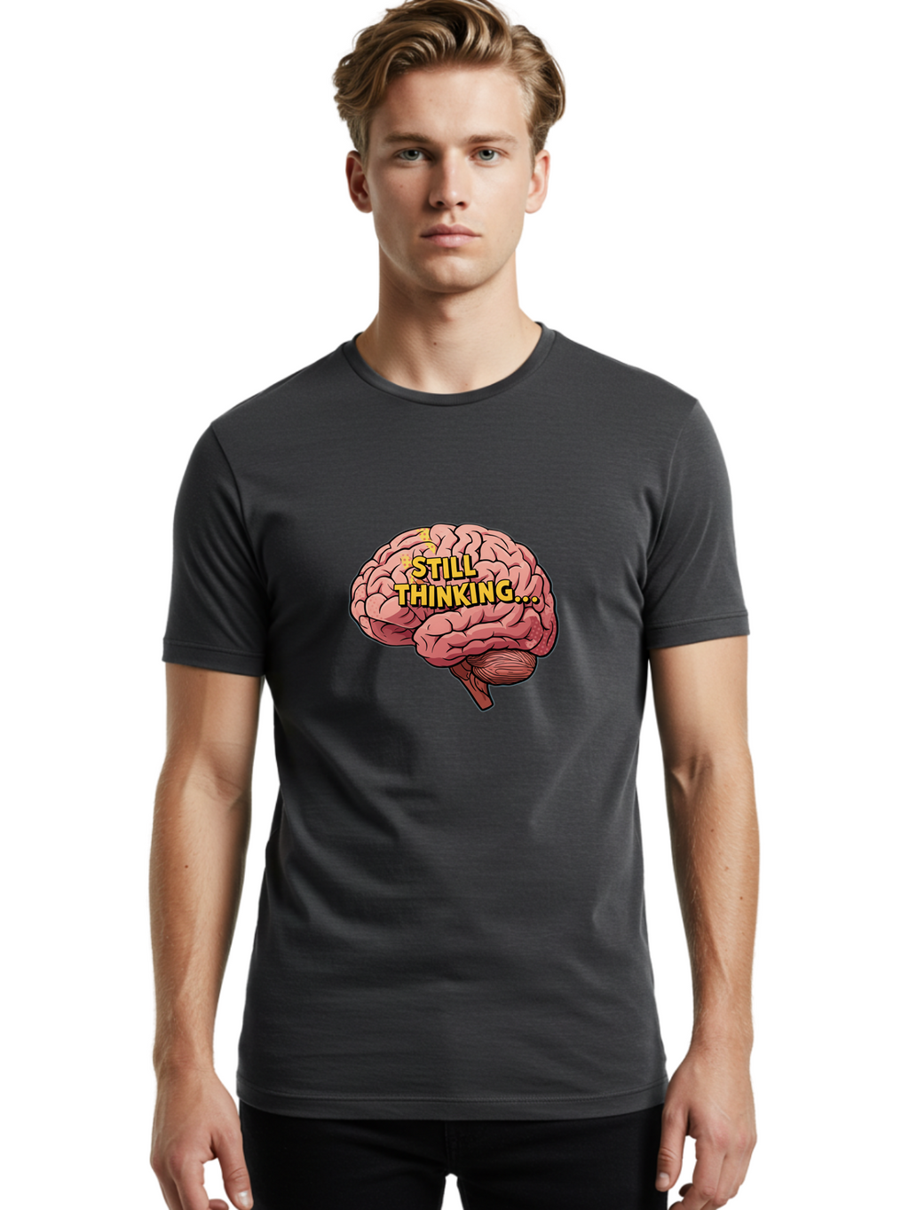 Still-Thinking-1 Men'S Graphic Tee, 100% Cotton, Comfortable Casual Summer Wear, Machine Washable, Human Brain, Thinking Process, Cognitive Function, Problem Solving, Mental Activity, Still Thinking, Cartoon Brain, Neuroscience, Bab465