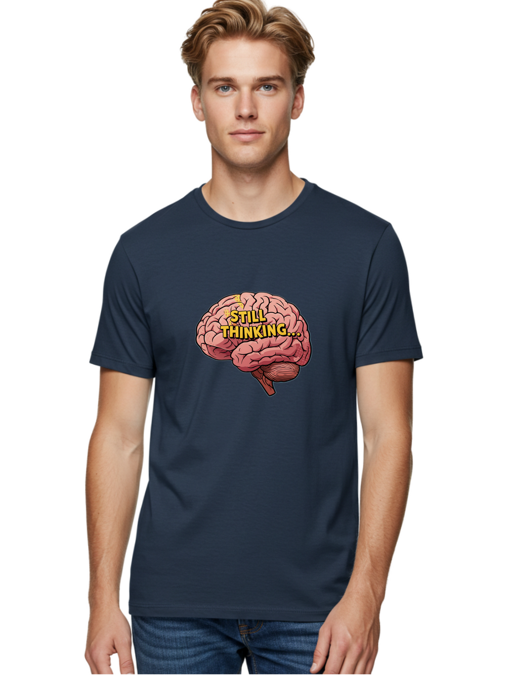 Still-Thinking-1 Men'S Graphic Tee, 100% Cotton, Comfortable Casual Summer Wear, Machine Washable, Human Brain, Thinking Process, Cognitive Function, Problem Solving, Mental Activity, Still Thinking, Cartoon Brain, Neuroscience, Bab465