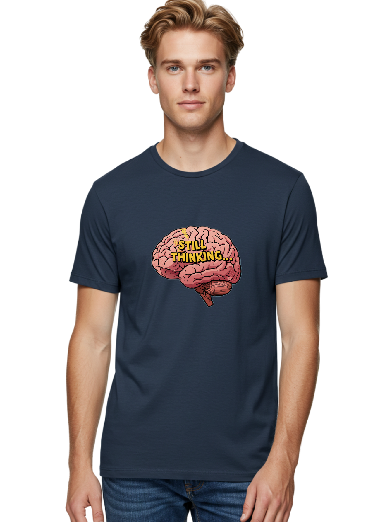 Still-Thinking-1 Men'S Graphic Tee, 100% Cotton, Comfortable Casual Summer Wear, Machine Washable, Human Brain, Thinking Process, Cognitive Function, Problem Solving, Mental Activity, Still Thinking, Cartoon Brain, Neuroscience, Bab465