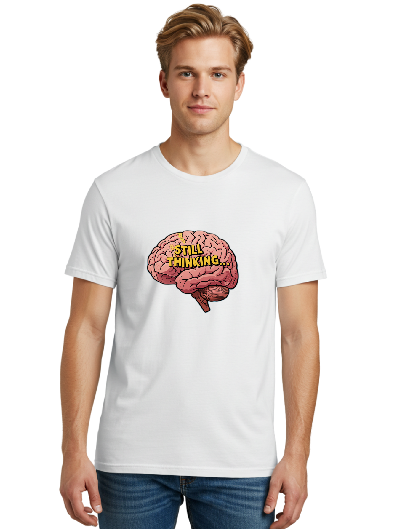 Still-Thinking-1 Men'S Graphic Tee, 100% Cotton, Comfortable Casual Summer Wear, Machine Washable, Human Brain, Thinking Process, Cognitive Function, Problem Solving, Mental Activity, Still Thinking, Cartoon Brain, Neuroscience, Bab465