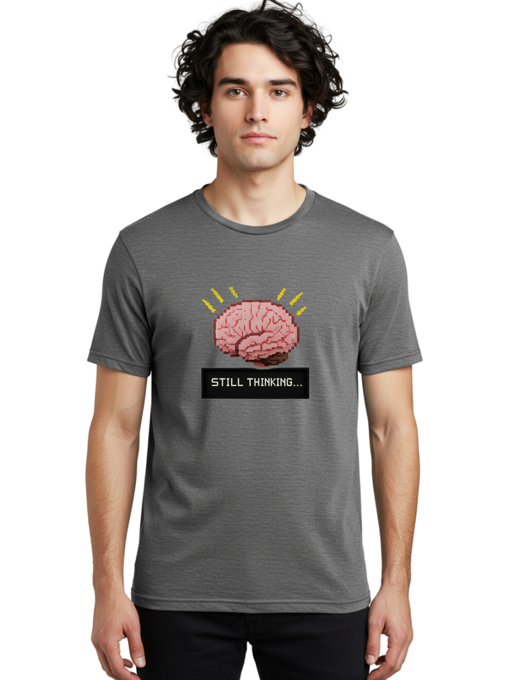 Still-Thinking-2 Men'S Graphic Tee, 100% Cotton, Comfortable Casual Summer Wear, Machine Washable, Pixel Art Brain, Thinking Face, Deep Thought, Problem Solving, Cognitive Function, Brain Activity, Still Thinking, Creative Thinking, Bab466