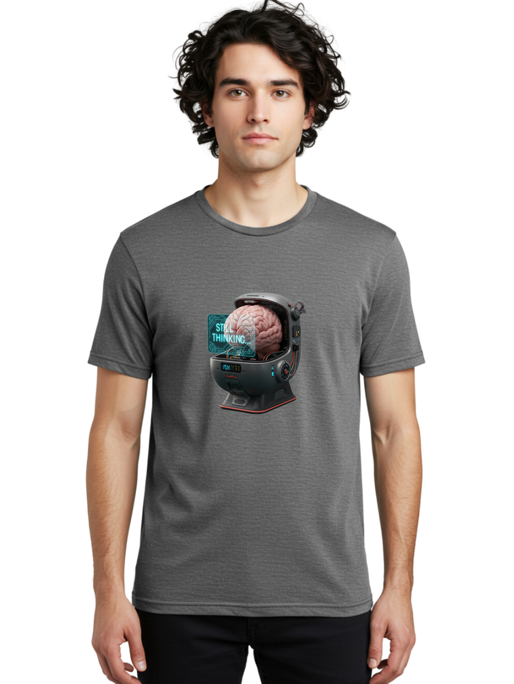 Still-Thinking-3 Men'S Graphic Tee, 100% Cotton, Comfortable Casual Summer Wear, Machine Washable, Human Brain In Sci-Fi Machine, Artificial Intelligence Concept, Futuristic Technology, Brain Activity, Still Thinking Message, Bab467