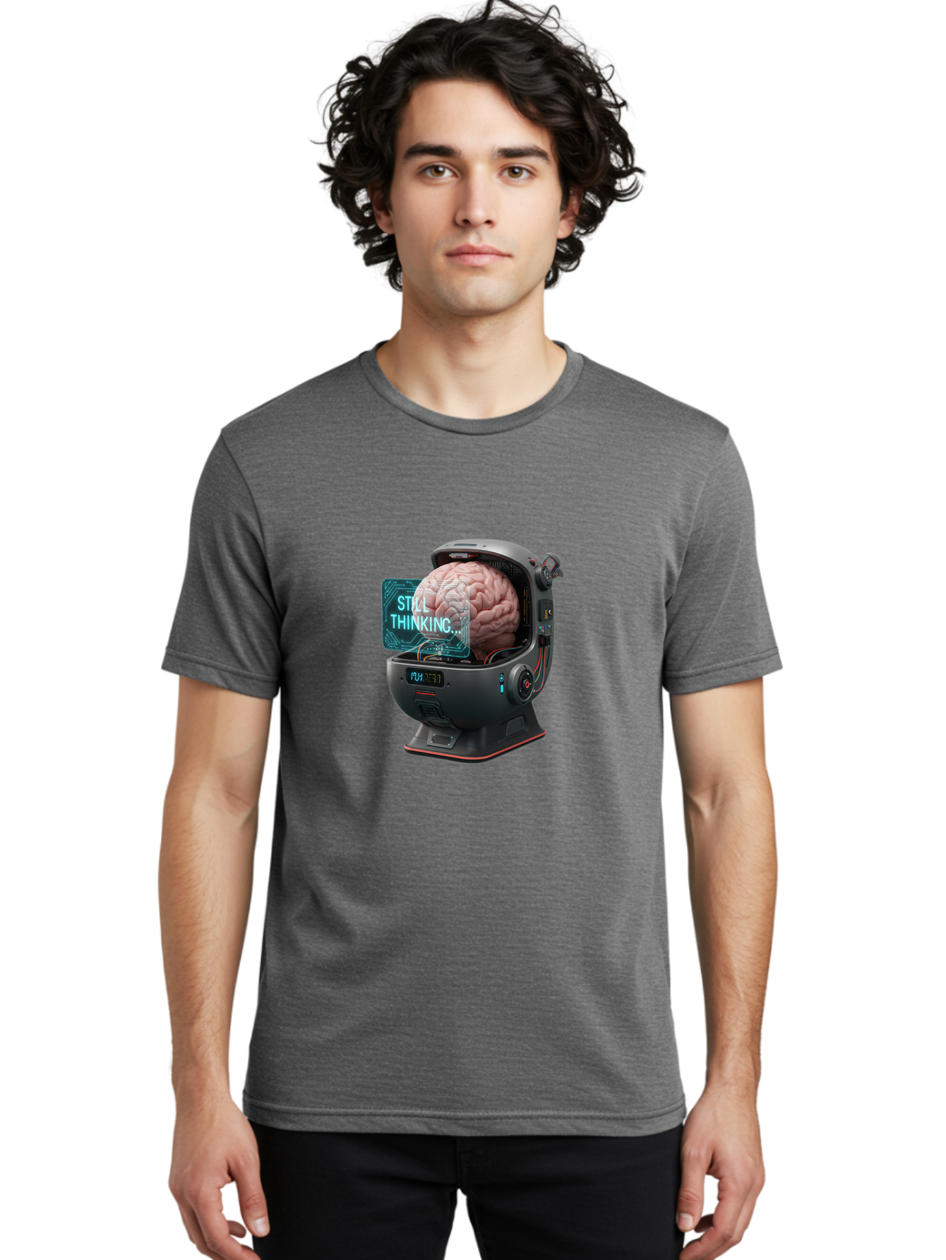 Still-Thinking-3 Men'S Graphic Tee, 100% Cotton, Comfortable Casual Summer Wear, Machine Washable, Human Brain In Sci-Fi Machine, Artificial Intelligence Concept, Futuristic Technology, Brain Activity, Still Thinking Message, Bab467