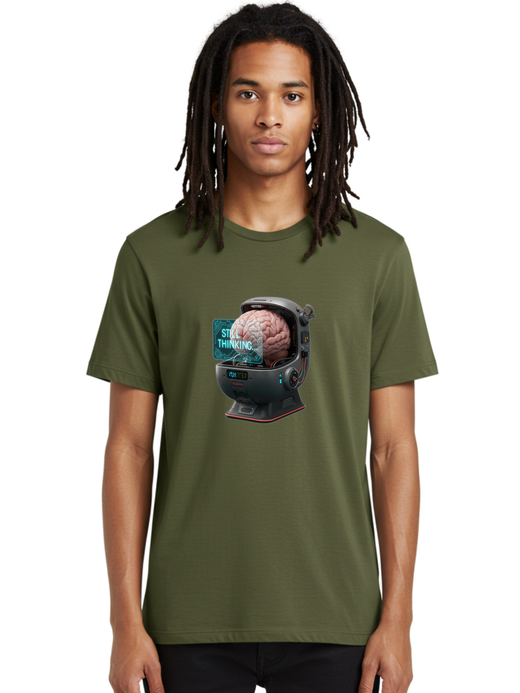 Still-Thinking-3 Men'S Graphic Tee, 100% Cotton, Comfortable Casual Summer Wear, Machine Washable, Human Brain In Sci-Fi Machine, Artificial Intelligence Concept, Futuristic Technology, Brain Activity, Still Thinking Message, Bab467