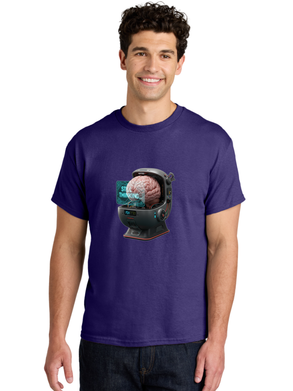 Still-Thinking-3 Men'S Graphic Tee, 100% Cotton, Comfortable Casual Summer Wear, Machine Washable, Human Brain In Sci-Fi Machine, Artificial Intelligence Concept, Futuristic Technology, Brain Activity, Still Thinking Message, Bab467