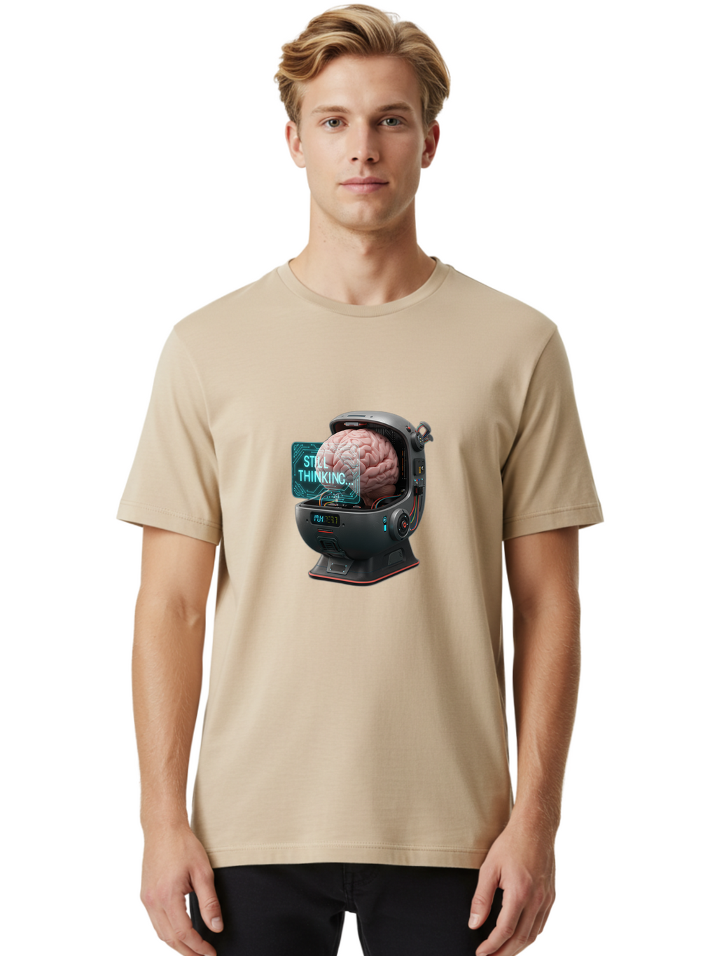 Still-Thinking-3 Men'S Graphic Tee, 100% Cotton, Comfortable Casual Summer Wear, Machine Washable, Human Brain In Sci-Fi Machine, Artificial Intelligence Concept, Futuristic Technology, Brain Activity, Still Thinking Message, Bab467