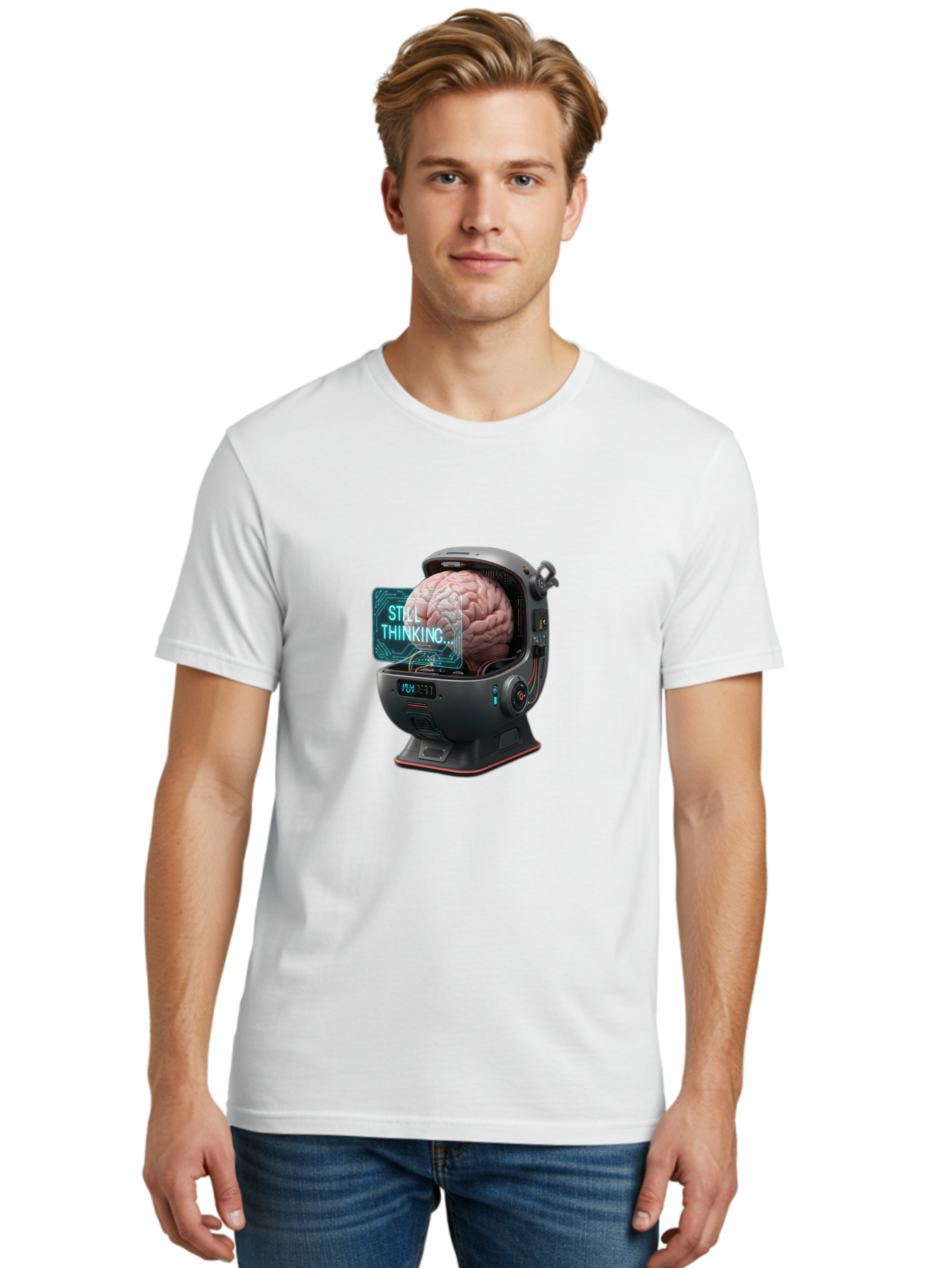 Still-Thinking-3 Men'S Graphic Tee, 100% Cotton, Comfortable Casual Summer Wear, Machine Washable, Human Brain In Sci-Fi Machine, Artificial Intelligence Concept, Futuristic Technology, Brain Activity, Still Thinking Message, Bab467