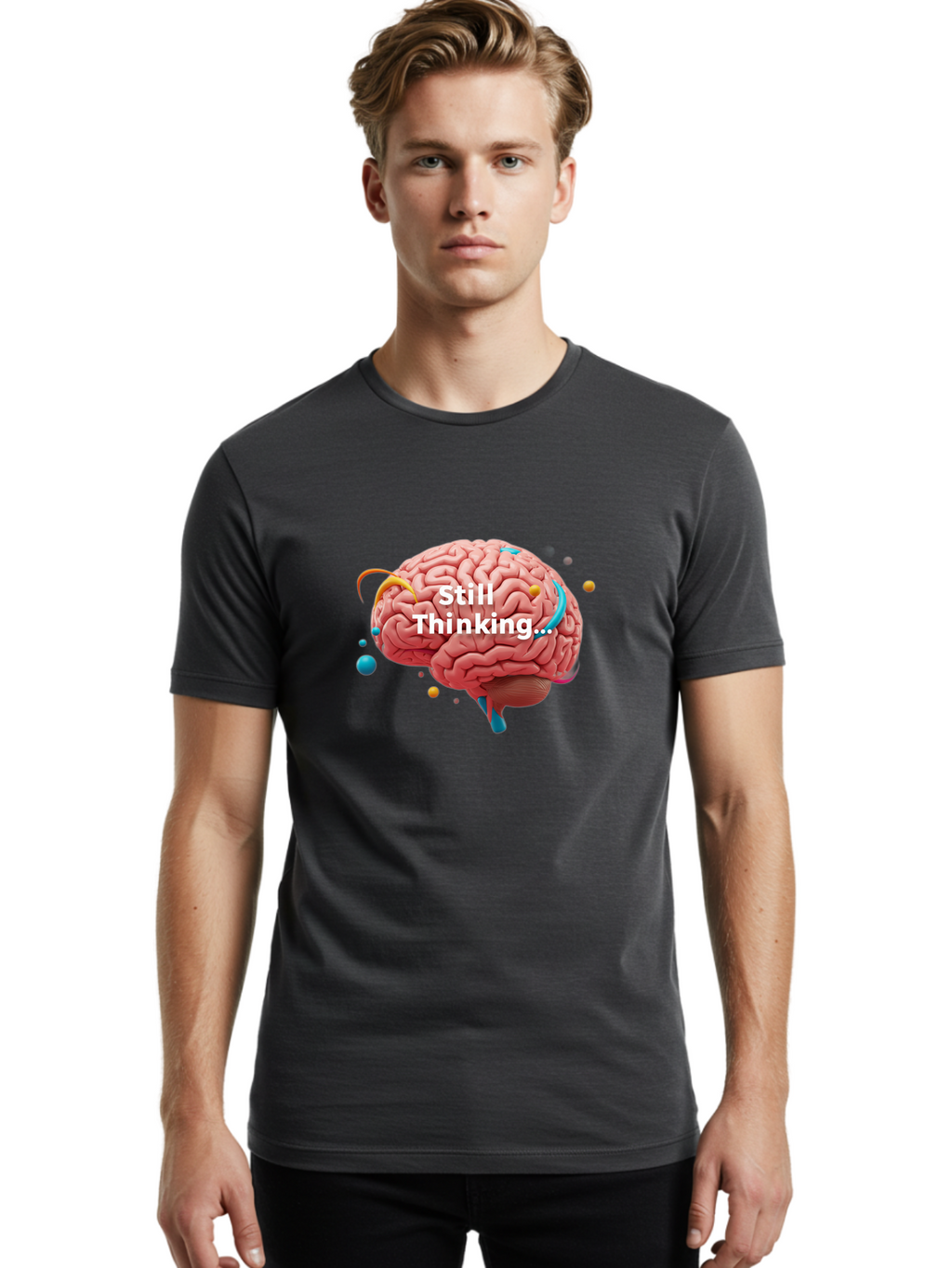 Still-Thinking-Brain-1 Men'S Graphic Tee, 100% Cotton, Comfortable Casual Summer Wear, Machine Washable, Human Brain, Creative Thinking, Abstract Shapes, Colorful Orbs, Idea Generation, Problem-Solving, Cognitive Process, Brainstorming, Bab468
