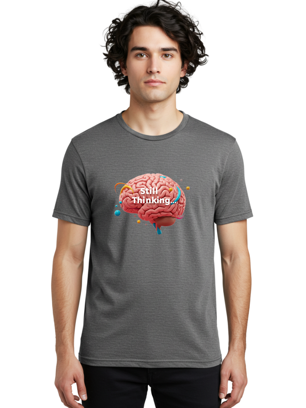 Still-Thinking-Brain-1 Men'S Graphic Tee, 100% Cotton, Comfortable Casual Summer Wear, Machine Washable, Human Brain, Creative Thinking, Abstract Shapes, Colorful Orbs, Idea Generation, Problem-Solving, Cognitive Process, Brainstorming, Bab468