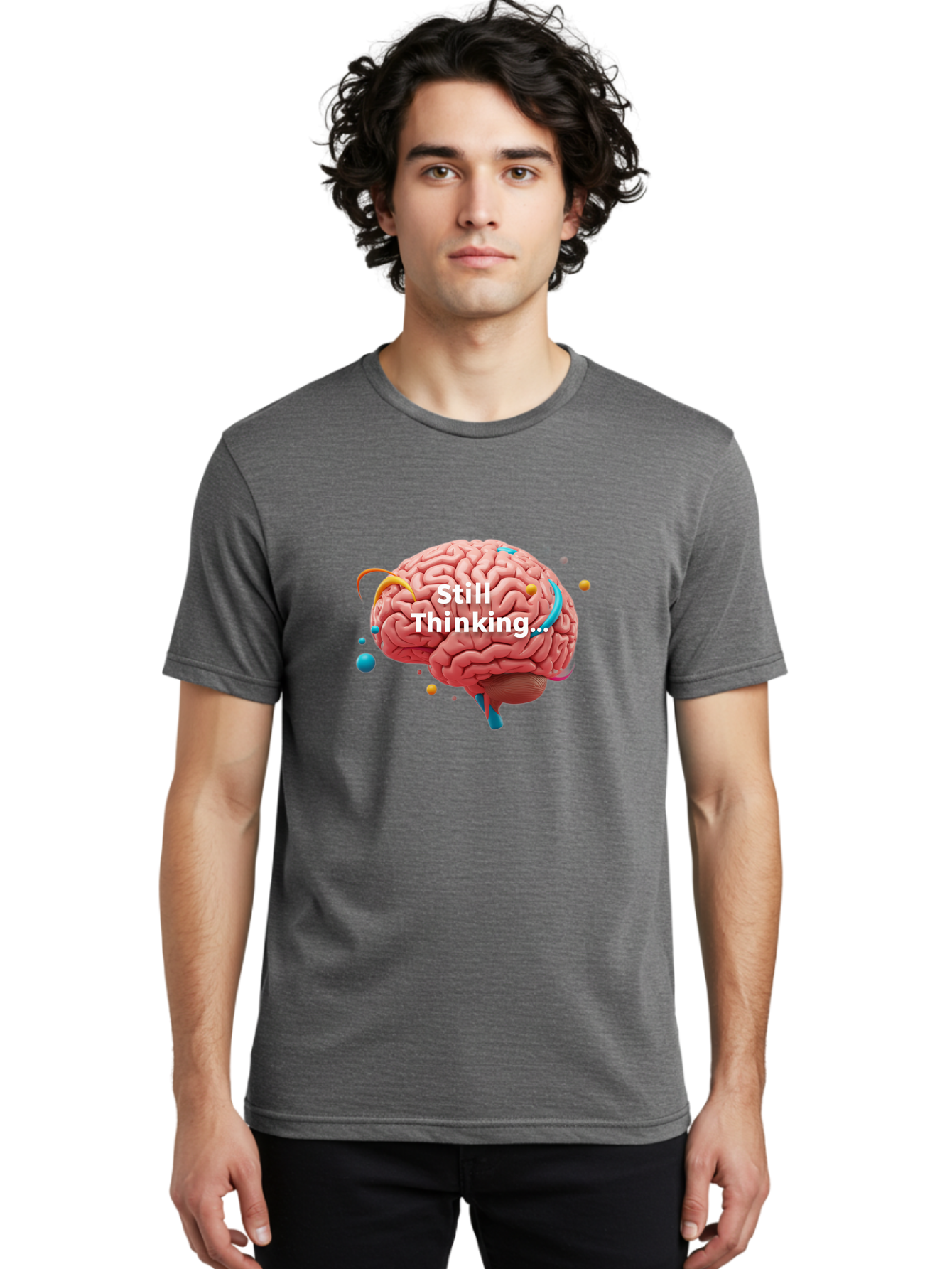 Still-Thinking-Brain-1 Men'S Graphic Tee, 100% Cotton, Comfortable Casual Summer Wear, Machine Washable, Human Brain, Creative Thinking, Abstract Shapes, Colorful Orbs, Idea Generation, Problem-Solving, Cognitive Process, Brainstorming, Bab468