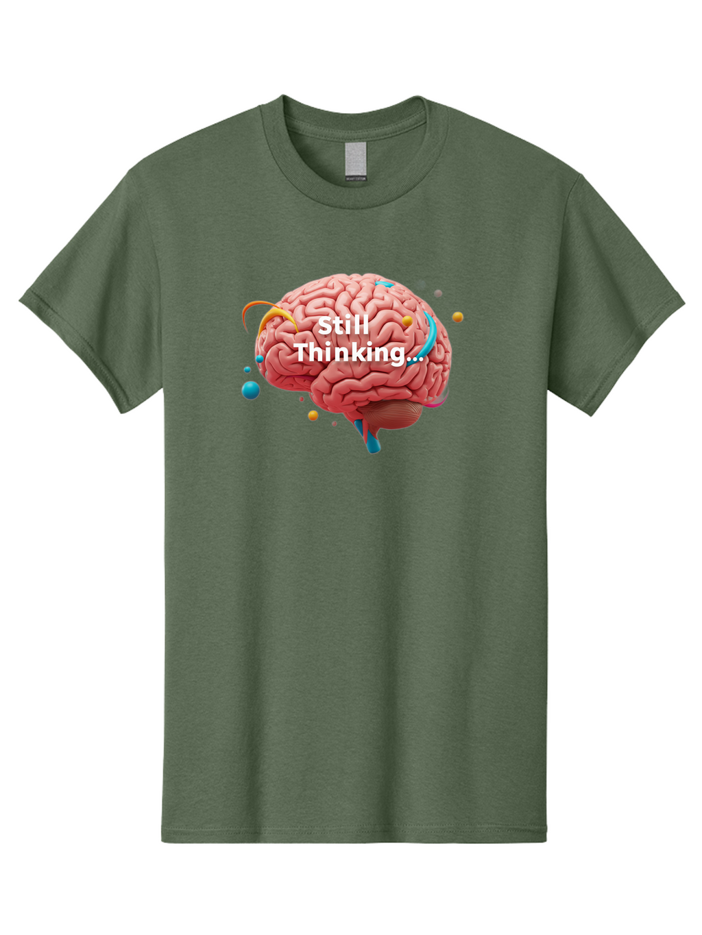 Still-Thinking-Brain-1 Men'S Graphic Tee, 100% Cotton, Comfortable Casual Summer Wear, Machine Washable, Human Brain, Creative Thinking, Abstract Shapes, Colorful Orbs, Idea Generation, Problem-Solving, Cognitive Process, Brainstorming, Bab468