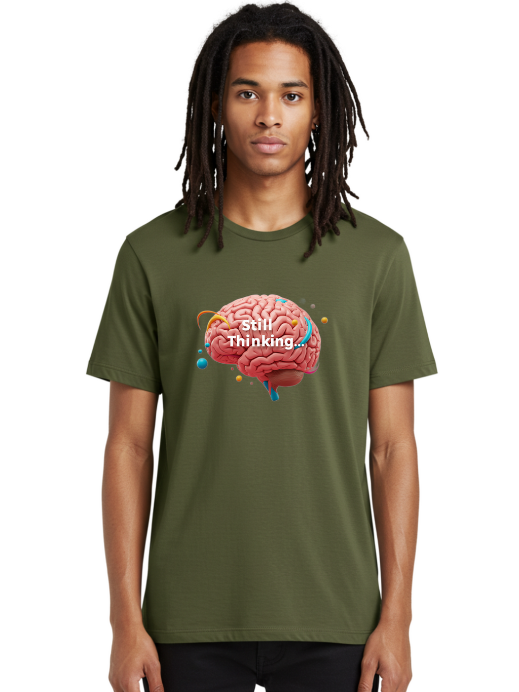 Still-Thinking-Brain-1 Men'S Graphic Tee, 100% Cotton, Comfortable Casual Summer Wear, Machine Washable, Human Brain, Creative Thinking, Abstract Shapes, Colorful Orbs, Idea Generation, Problem-Solving, Cognitive Process, Brainstorming, Bab468
