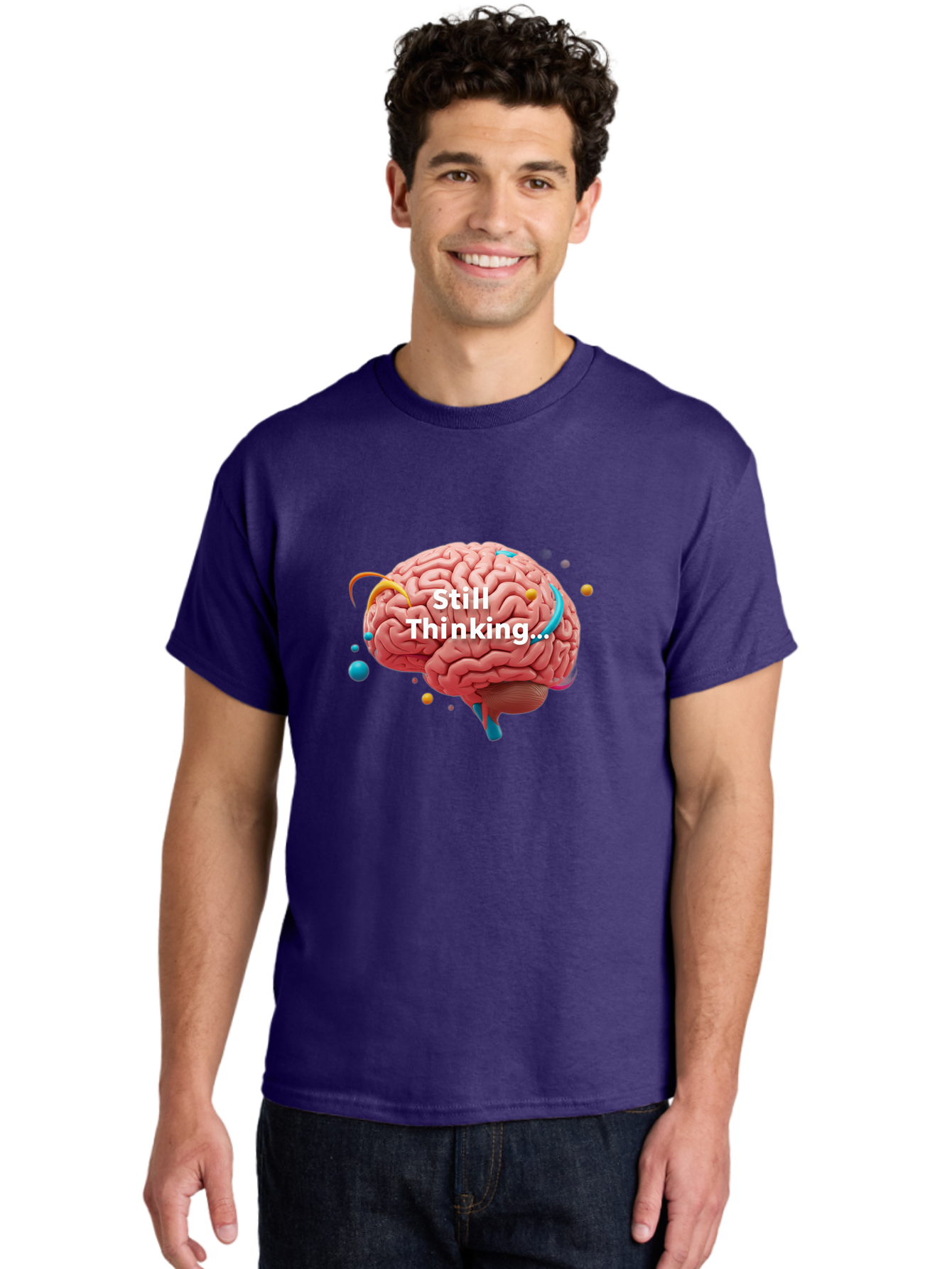 Still-Thinking-Brain-1 Men'S Graphic Tee, 100% Cotton, Comfortable Casual Summer Wear, Machine Washable, Human Brain, Creative Thinking, Abstract Shapes, Colorful Orbs, Idea Generation, Problem-Solving, Cognitive Process, Brainstorming, Bab468