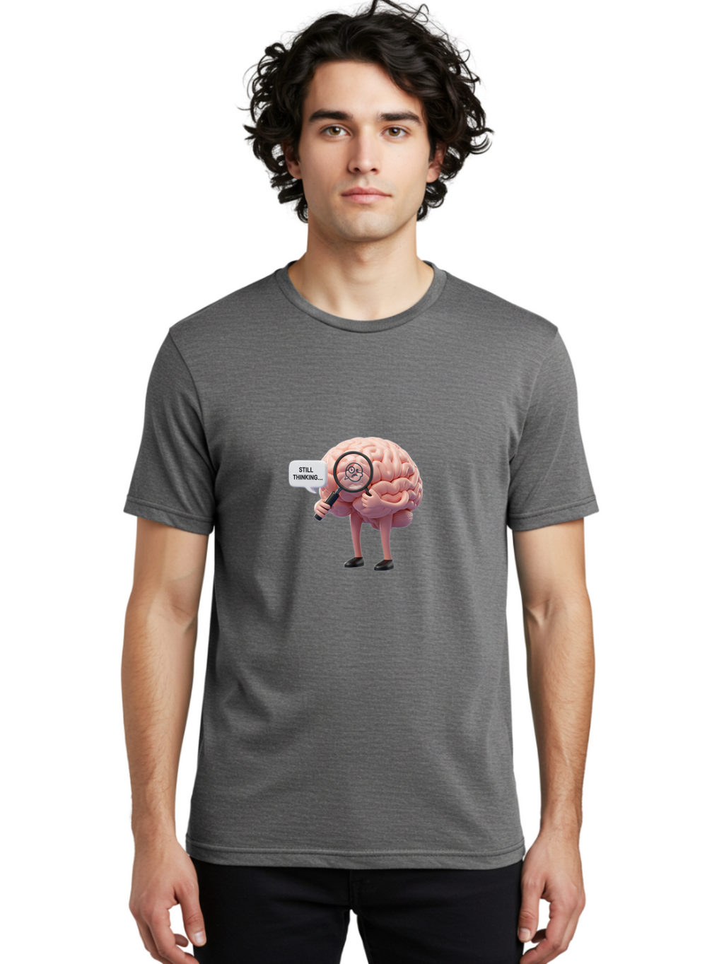 Still-Thinking-Brain-3 Men'S Graphic Tee, 100% Cotton, Comfortable Casual Summer Wear, Machine Washable, Human Brain Character, Deep Thinking, Problem Solving, Brain Analysis, Magnifying Glass, Thought Process, Cognitive Function, Bab470