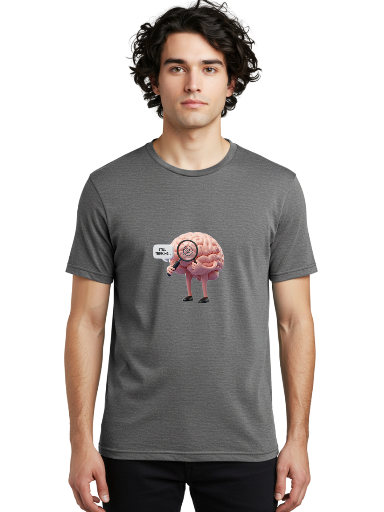 Still-Thinking-Brain-3 Men'S Graphic Tee, 100% Cotton, Comfortable Casual Summer Wear, Machine Washable, Human Brain Character, Deep Thinking, Problem Solving, Brain Analysis, Magnifying Glass, Thought Process, Cognitive Function, Bab470