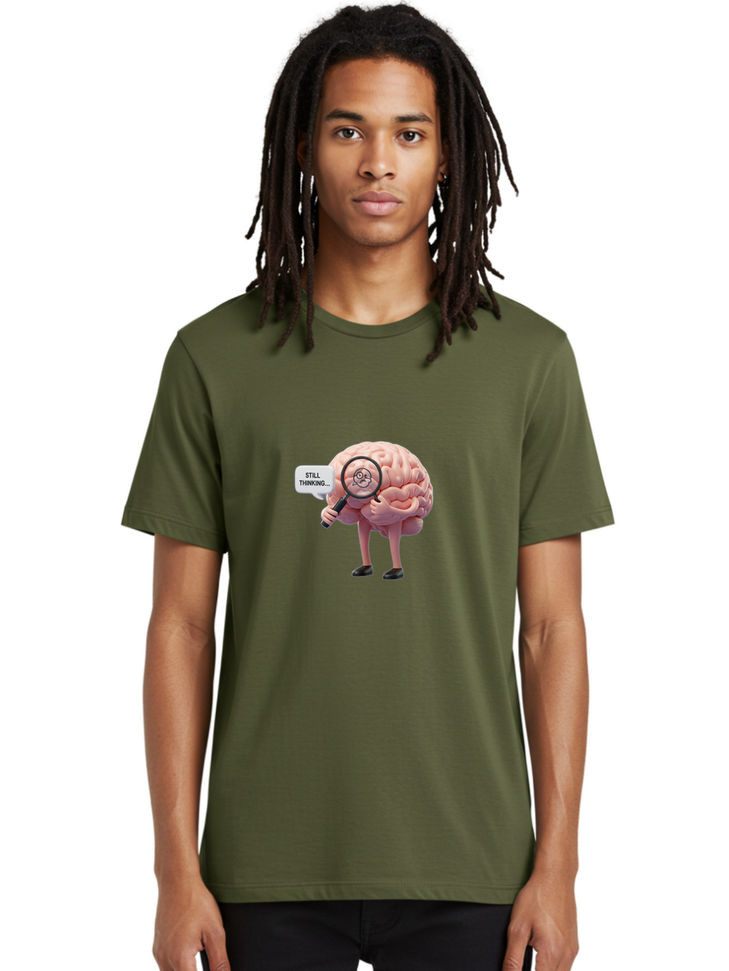 Still-Thinking-Brain-3 Men'S Graphic Tee, 100% Cotton, Comfortable Casual Summer Wear, Machine Washable, Human Brain Character, Deep Thinking, Problem Solving, Brain Analysis, Magnifying Glass, Thought Process, Cognitive Function, Bab470
