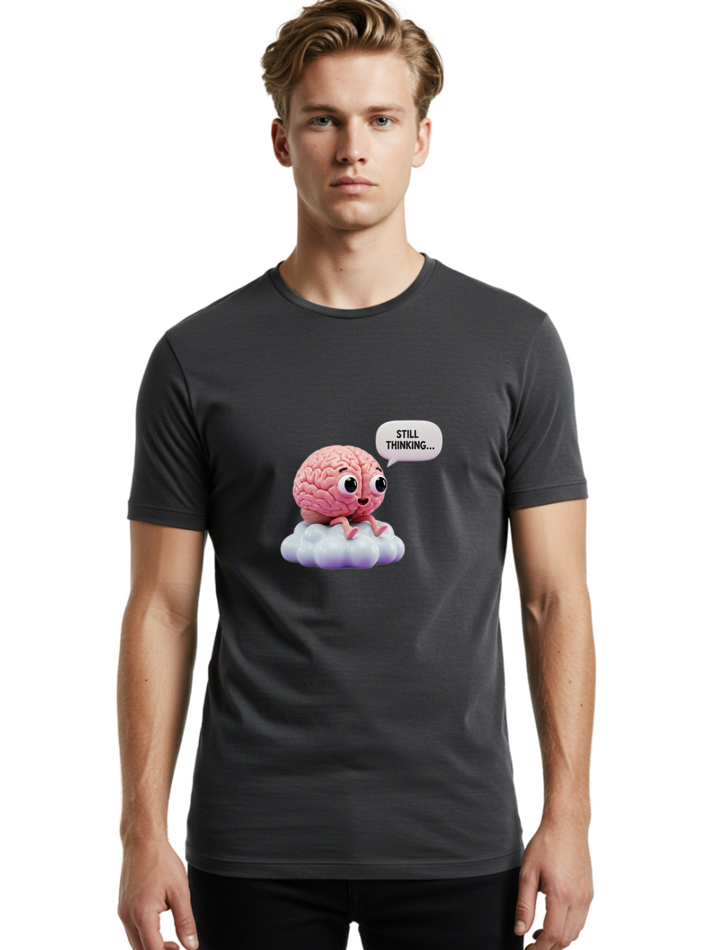 Still-Thinking-Brain Men'S Graphic Tee, 100% Cotton, Comfortable Casual Summer Wear, Machine Washable, Cartoon Brain, Thinking Face, Problem Solving, Decision Making, Critical Thinking, Cognitive Function, Brain Power, Funny Character, Bab471