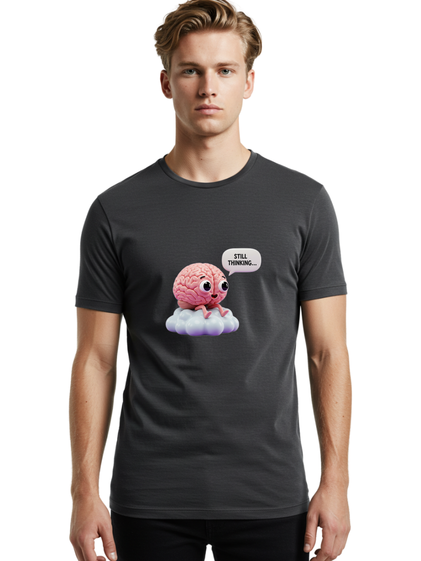 Still-Thinking-Brain Men'S Graphic Tee, 100% Cotton, Comfortable Casual Summer Wear, Machine Washable, Cartoon Brain, Thinking Face, Problem Solving, Decision Making, Critical Thinking, Cognitive Function, Brain Power, Funny Character, Bab471