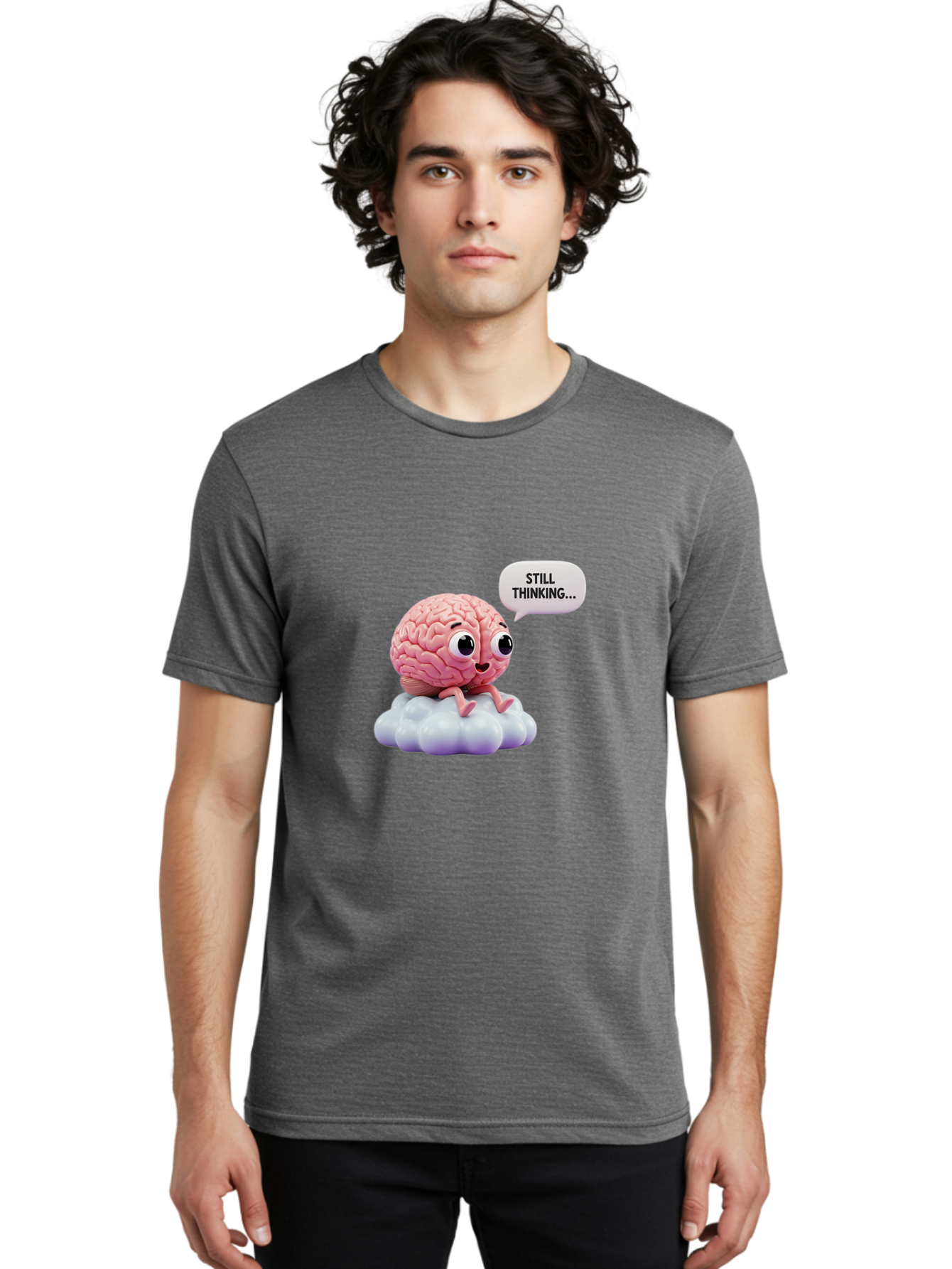 Still-Thinking-Brain Men'S Graphic Tee, 100% Cotton, Comfortable Casual Summer Wear, Machine Washable, Cartoon Brain, Thinking Face, Problem Solving, Decision Making, Critical Thinking, Cognitive Function, Brain Power, Funny Character, Bab471
