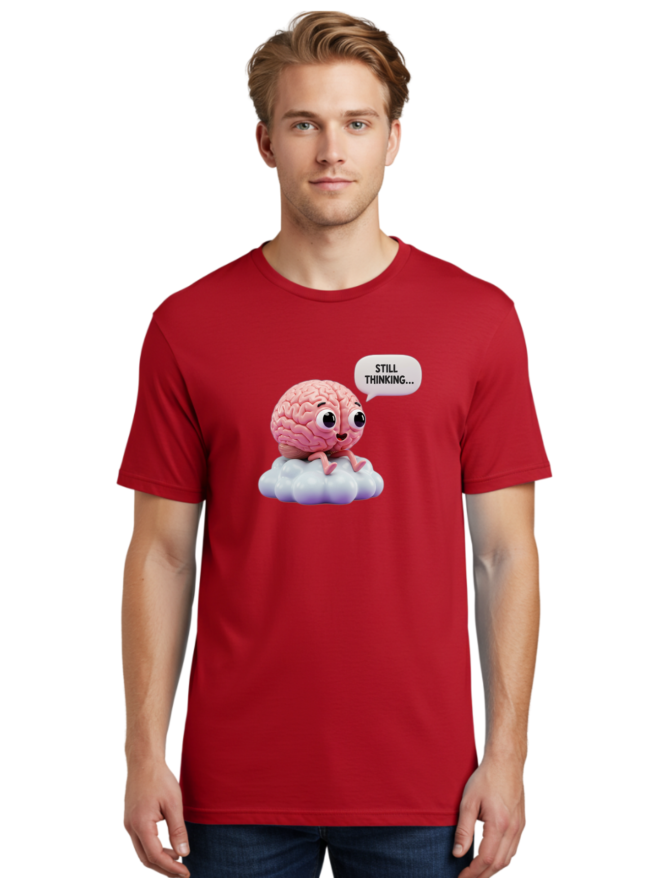 Still-Thinking-Brain Men'S Graphic Tee, 100% Cotton, Comfortable Casual Summer Wear, Machine Washable, Cartoon Brain, Thinking Face, Problem Solving, Decision Making, Critical Thinking, Cognitive Function, Brain Power, Funny Character, Bab471