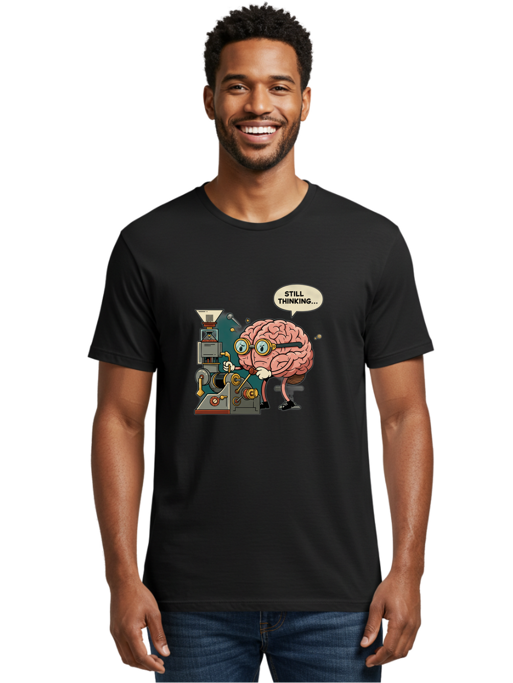 Still-Thinking Men'S Graphic Tee, 100% Cotton, Comfortable Casual Summer Wear, Machine Washable, Brain Character Working On Machine, Thinking Face, Problem Solving, Creative Process, Idea Generation, Cartoon Brain, Humorous Illustration, Bab472