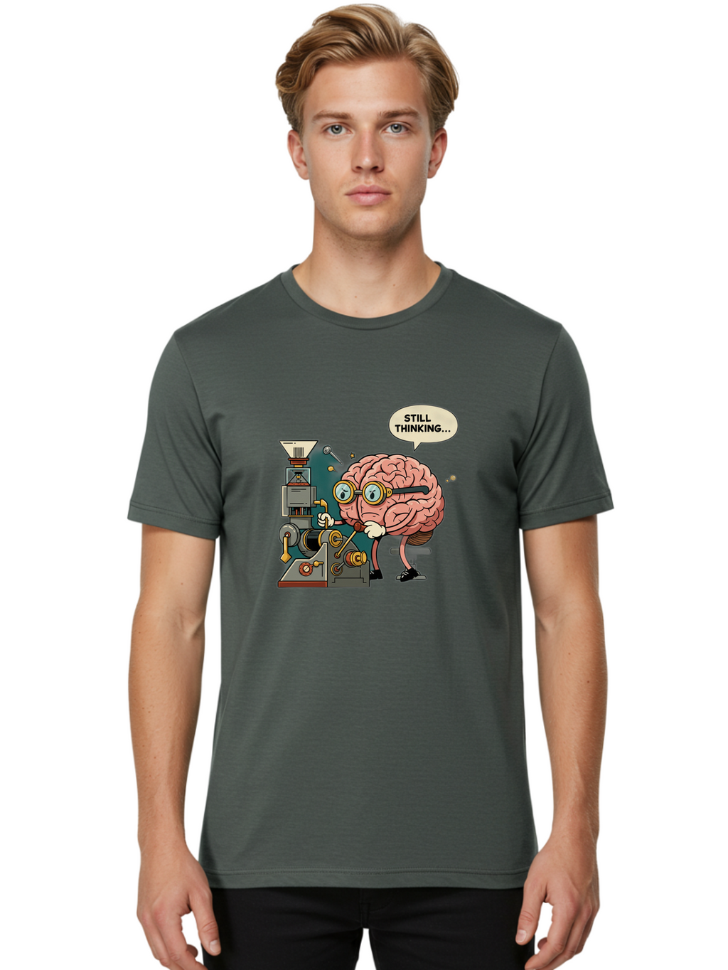 Still-Thinking Men'S Graphic Tee, 100% Cotton, Comfortable Casual Summer Wear, Machine Washable, Brain Character Working On Machine, Thinking Face, Problem Solving, Creative Process, Idea Generation, Cartoon Brain, Humorous Illustration, Bab472