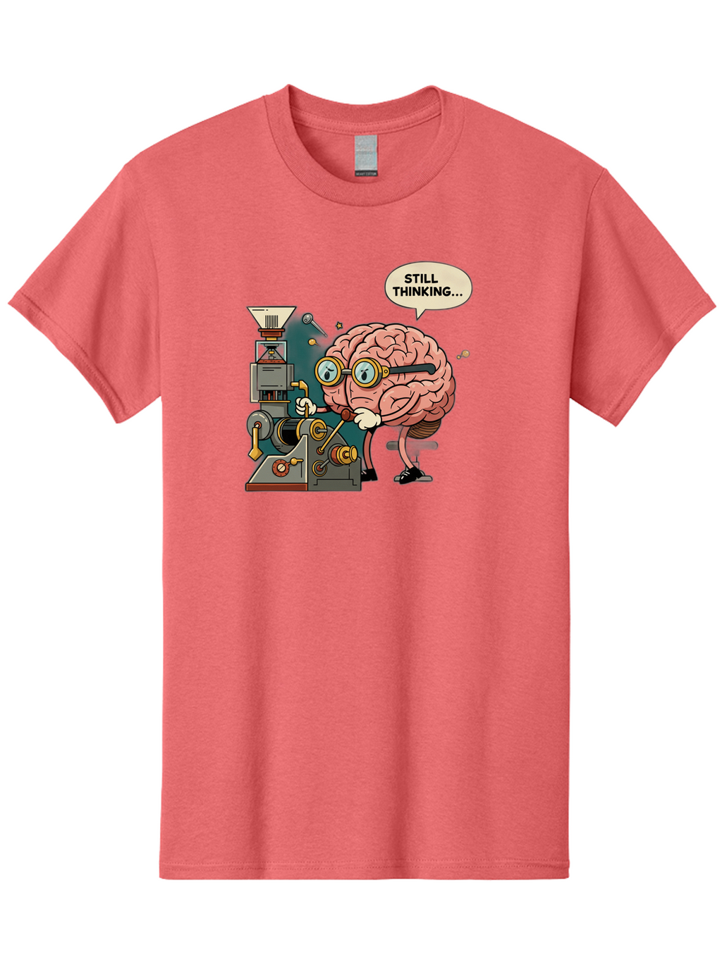 Still-Thinking Men'S Graphic Tee, 100% Cotton, Comfortable Casual Summer Wear, Machine Washable, Brain Character Working On Machine, Thinking Face, Problem Solving, Creative Process, Idea Generation, Cartoon Brain, Humorous Illustration, Bab472