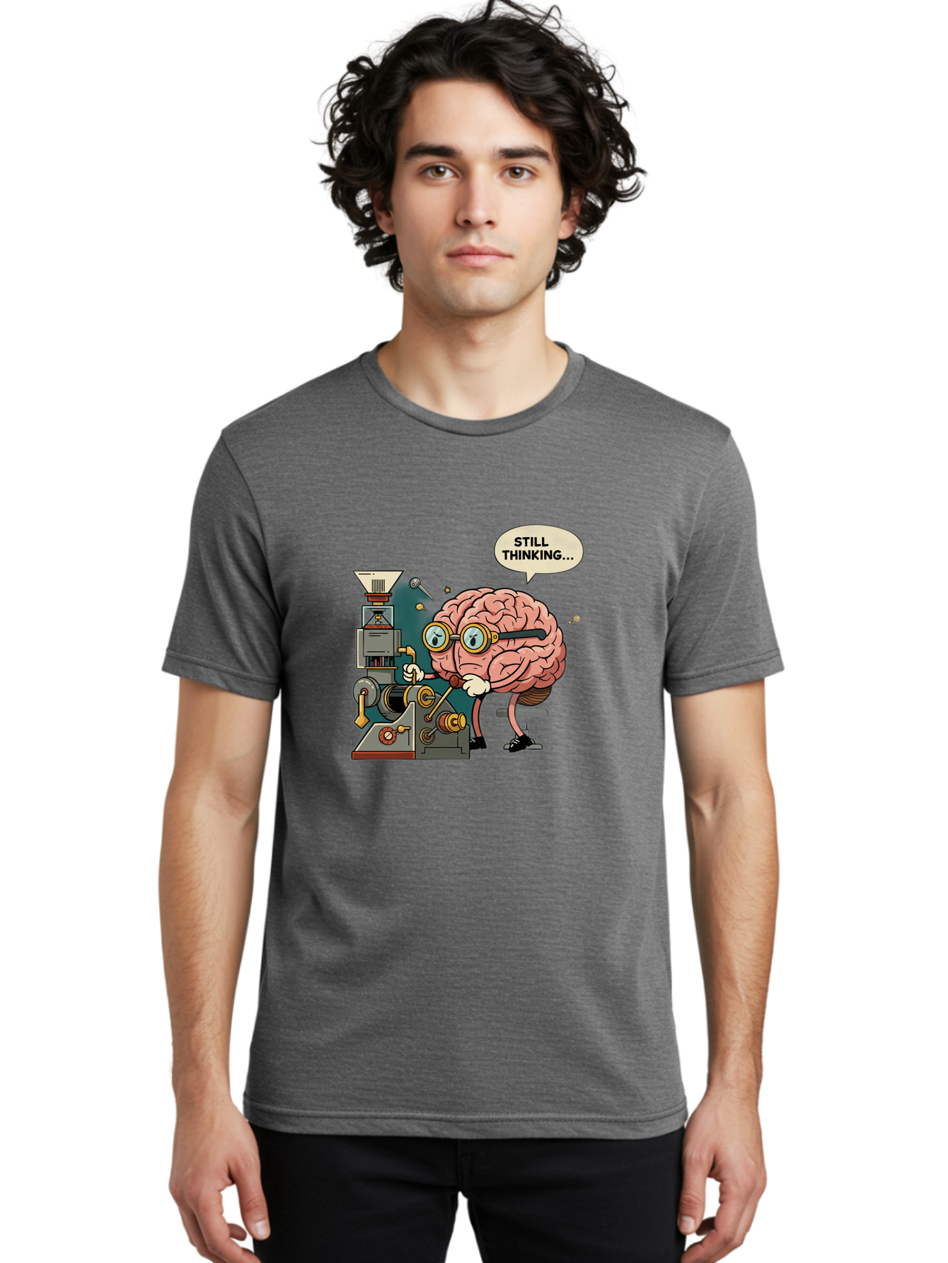 Still-Thinking Men'S Graphic Tee, 100% Cotton, Comfortable Casual Summer Wear, Machine Washable, Brain Character Working On Machine, Thinking Face, Problem Solving, Creative Process, Idea Generation, Cartoon Brain, Humorous Illustration, Bab472