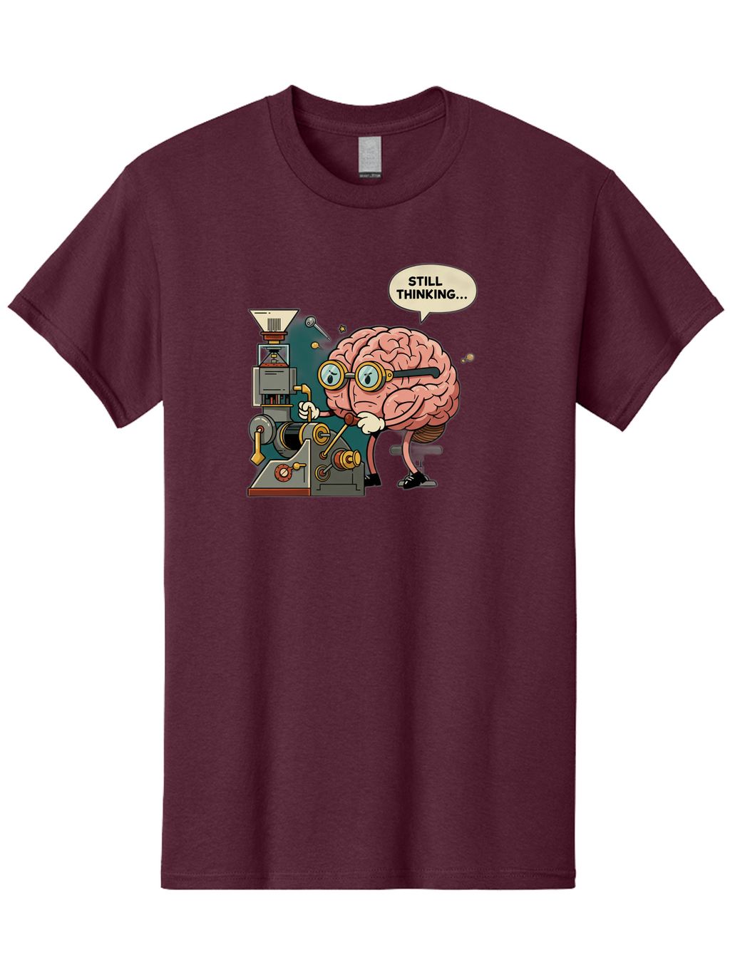 Still-Thinking Men'S Graphic Tee, 100% Cotton, Comfortable Casual Summer Wear, Machine Washable, Brain Character Working On Machine, Thinking Face, Problem Solving, Creative Process, Idea Generation, Cartoon Brain, Humorous Illustration, Bab472