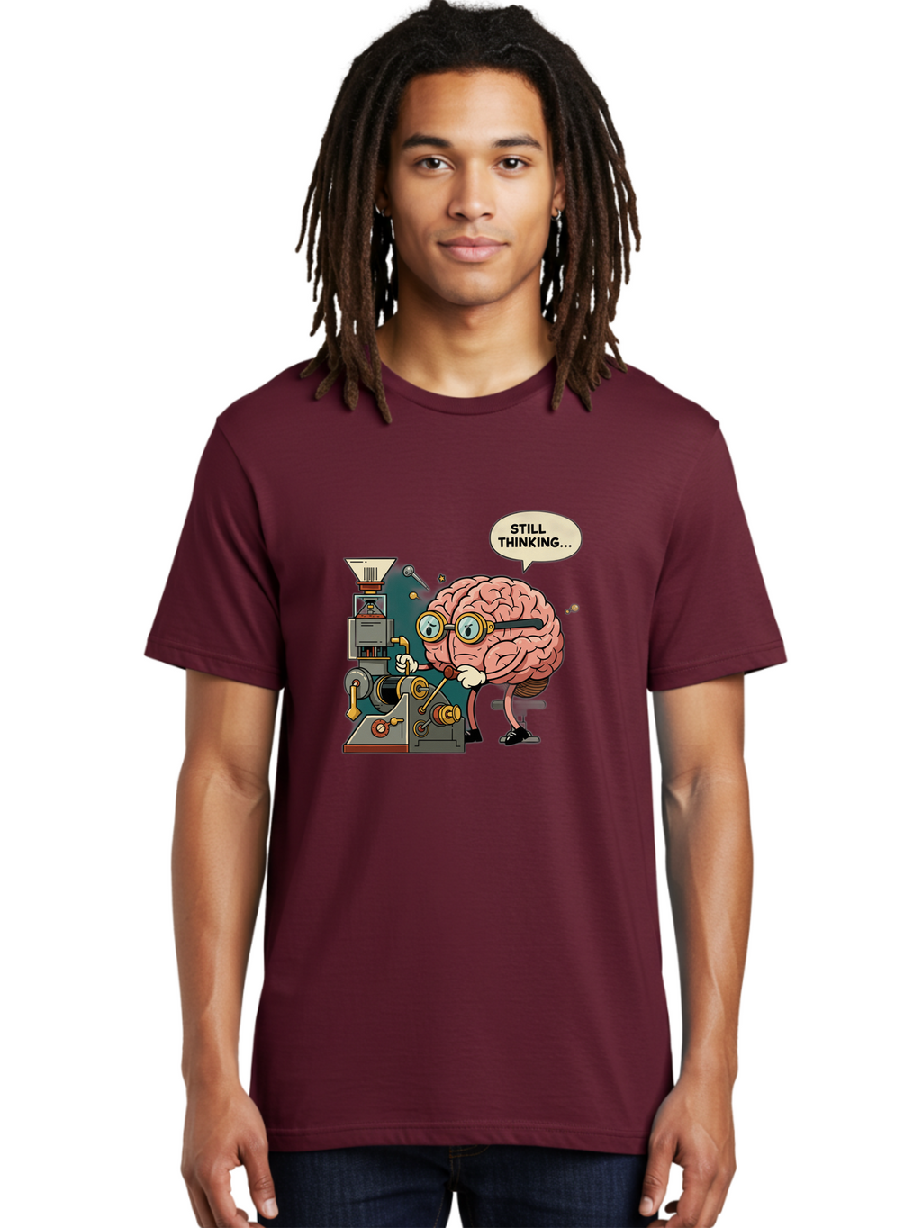 Still-Thinking Men'S Graphic Tee, 100% Cotton, Comfortable Casual Summer Wear, Machine Washable, Brain Character Working On Machine, Thinking Face, Problem Solving, Creative Process, Idea Generation, Cartoon Brain, Humorous Illustration, Bab472