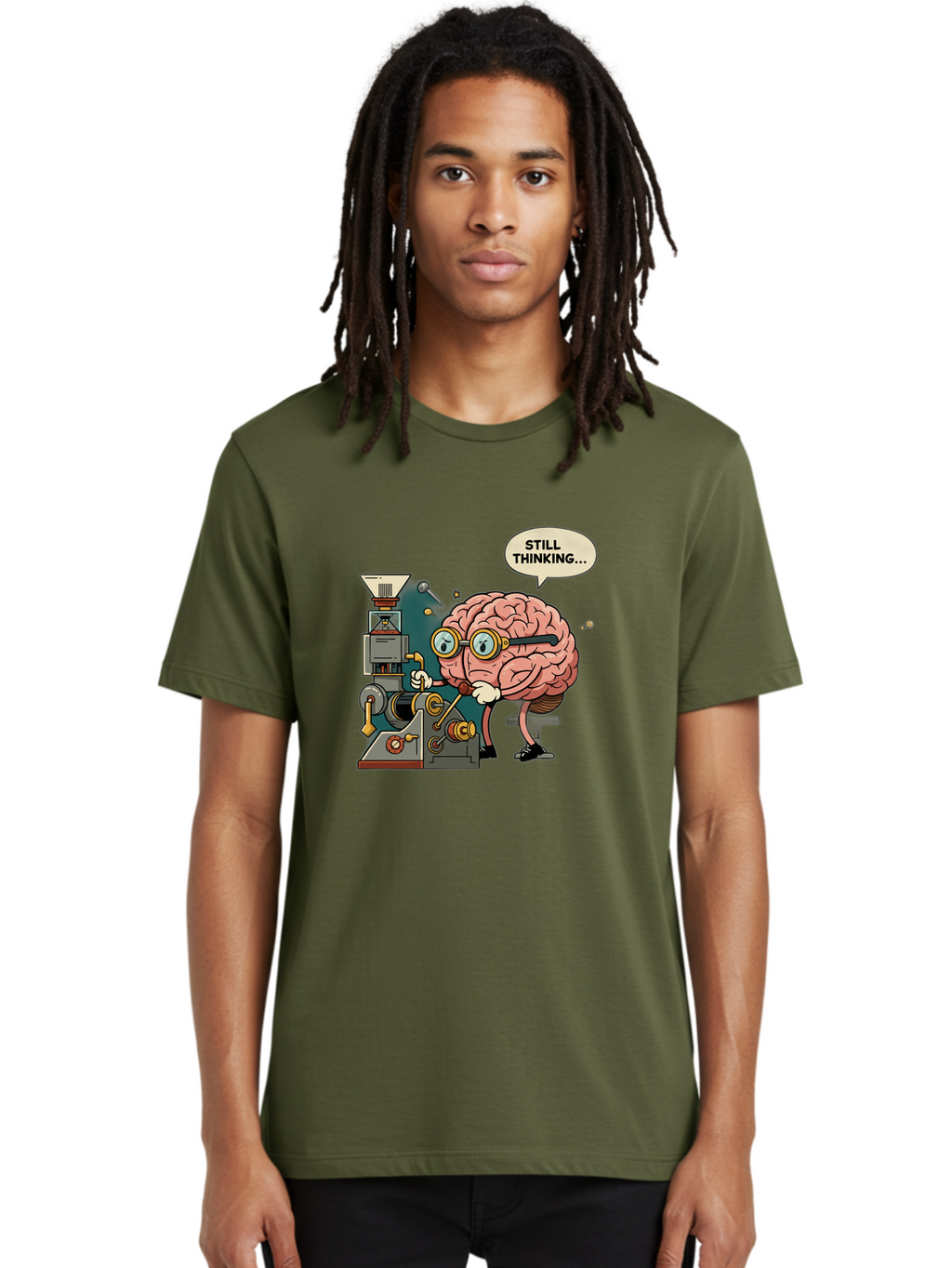 Still-Thinking Men'S Graphic Tee, 100% Cotton, Comfortable Casual Summer Wear, Machine Washable, Brain Character Working On Machine, Thinking Face, Problem Solving, Creative Process, Idea Generation, Cartoon Brain, Humorous Illustration, Bab472