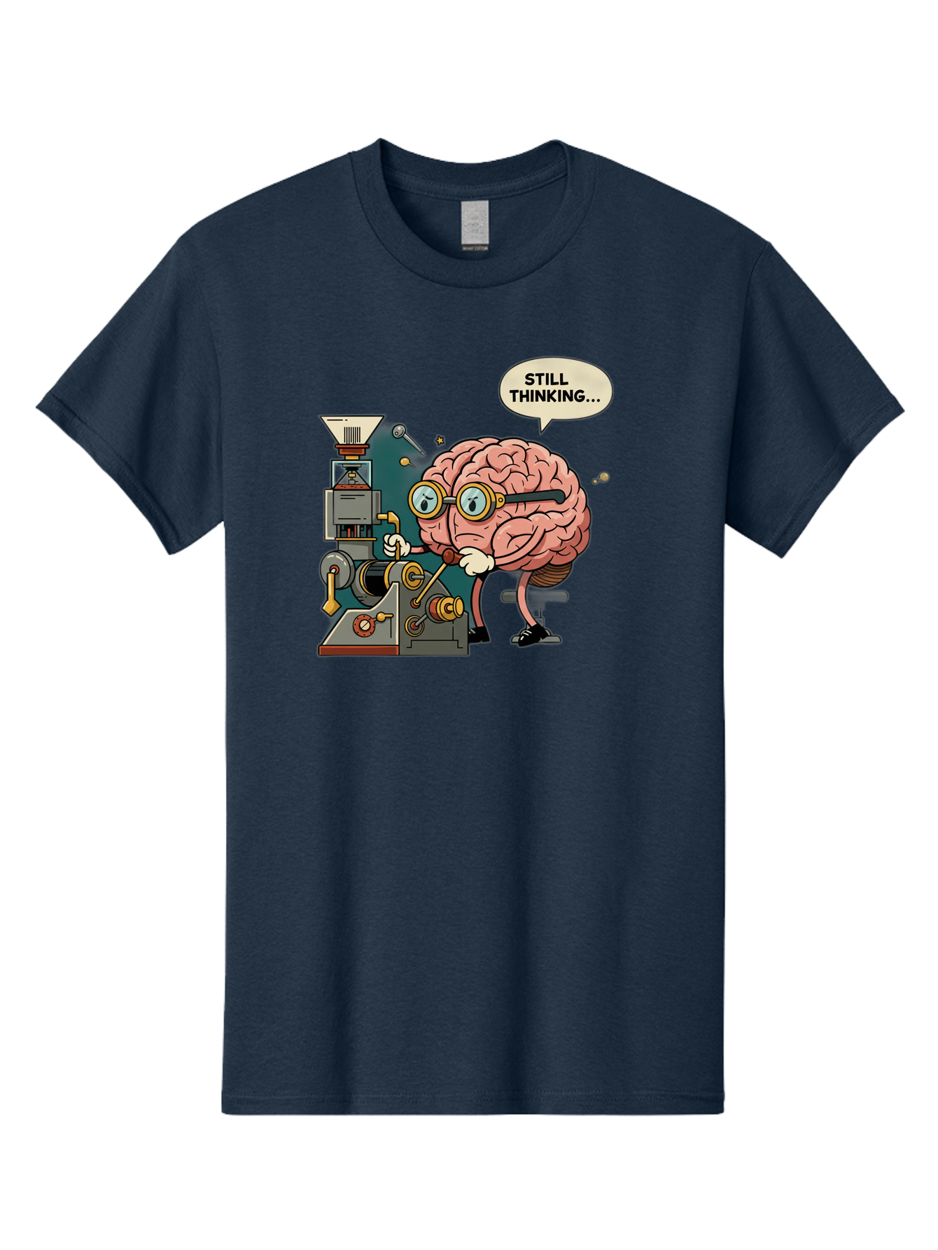 Still-Thinking Men'S Graphic Tee, 100% Cotton, Comfortable Casual Summer Wear, Machine Washable, Brain Character Working On Machine, Thinking Face, Problem Solving, Creative Process, Idea Generation, Cartoon Brain, Humorous Illustration, Bab472