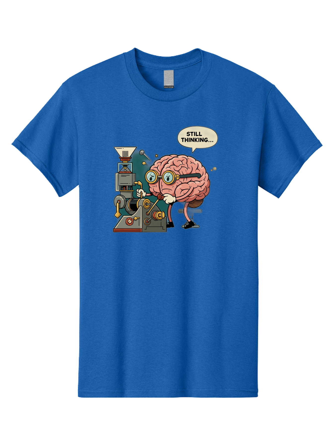 Still-Thinking Men'S Graphic Tee, 100% Cotton, Comfortable Casual Summer Wear, Machine Washable, Brain Character Working On Machine, Thinking Face, Problem Solving, Creative Process, Idea Generation, Cartoon Brain, Humorous Illustration, Bab472