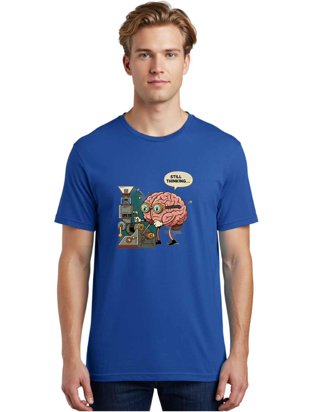 Still-Thinking Men'S Graphic Tee, 100% Cotton, Comfortable Casual Summer Wear, Machine Washable, Brain Character Working On Machine, Thinking Face, Problem Solving, Creative Process, Idea Generation, Cartoon Brain, Humorous Illustration, Bab472