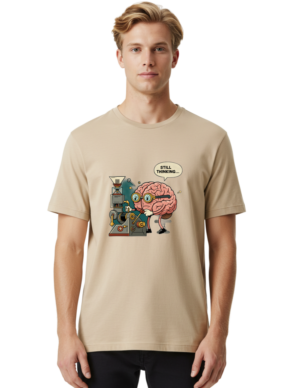 Still-Thinking Men'S Graphic Tee, 100% Cotton, Comfortable Casual Summer Wear, Machine Washable, Brain Character Working On Machine, Thinking Face, Problem Solving, Creative Process, Idea Generation, Cartoon Brain, Humorous Illustration, Bab472