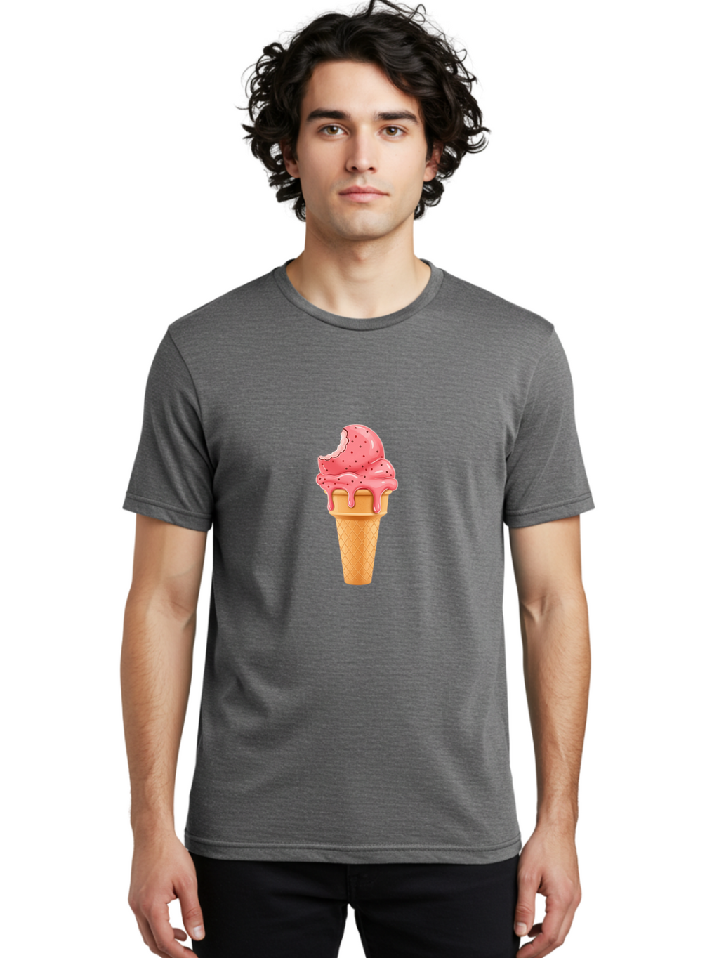 Strawberry-Ice-Cream-Cone Men'S Graphic Tee, 100% Cotton, Comfortable Casual Summer Wear, Machine Washable, Pink Strawberry Ice Cream, Melting Ice Cream, Waffle Cone, Sweet Treats, Dessert Lover, Summer Snack, Strawberry Flavor Bab473